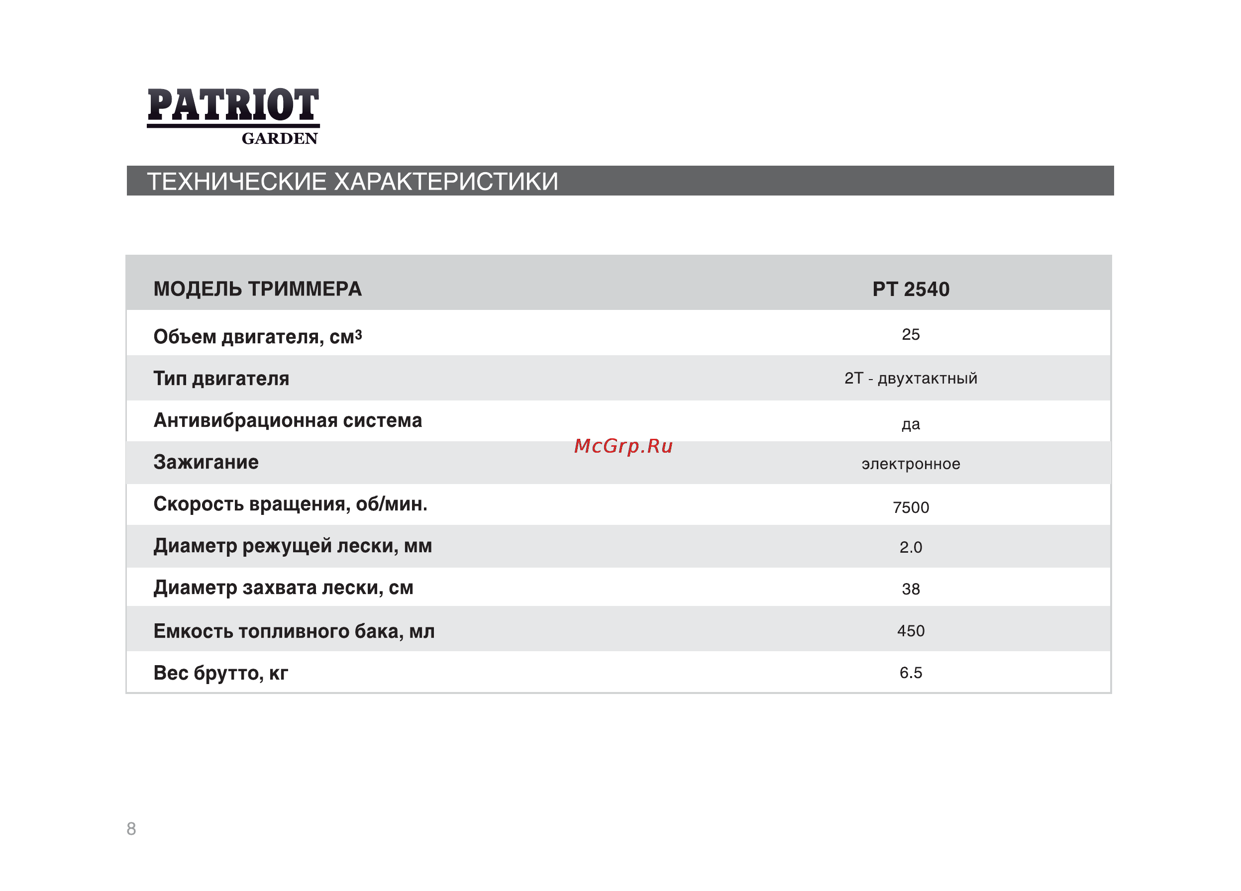Patriot Garden PT 2540 [7/25] Диаметр режущей лески мм