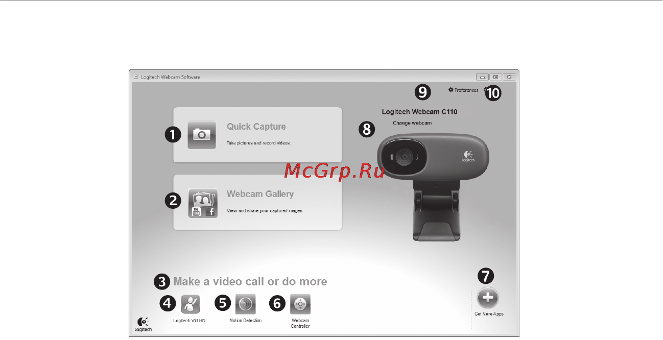 Logitech WEBCAM C170 [9/15] Навигация по программному обеспечению для веб камер logitech