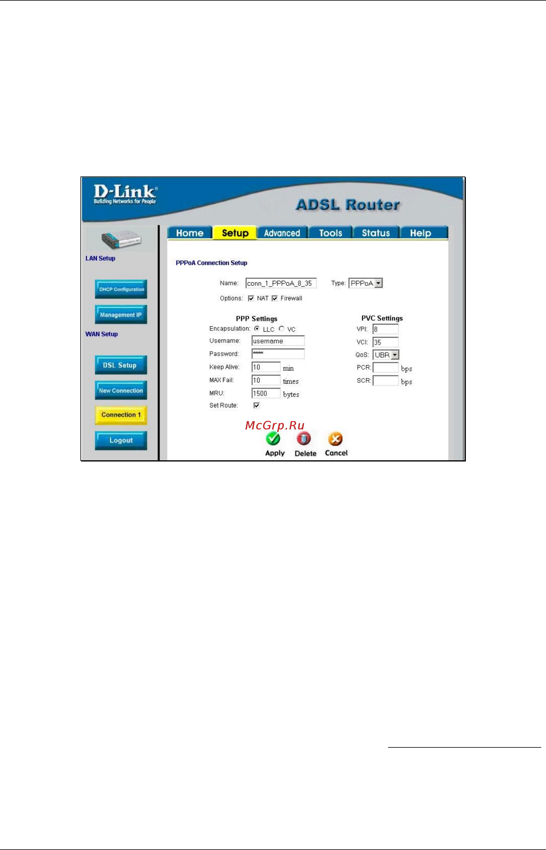 D-Link DSL-562T [33/89] Configure connection 1 for pppoa