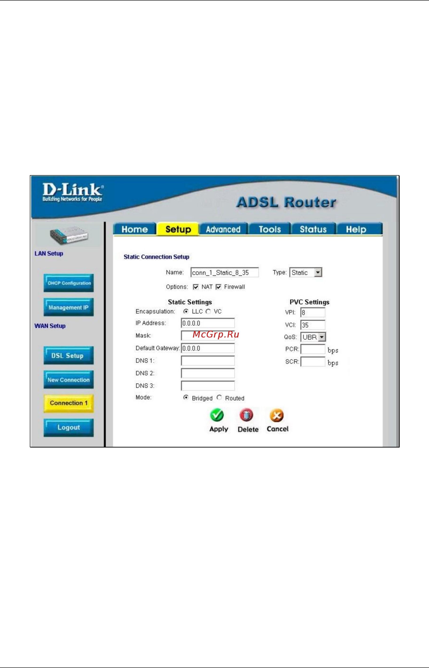 D-Link DSL-562T [37/89] Configure connection 1 for static ip for wan