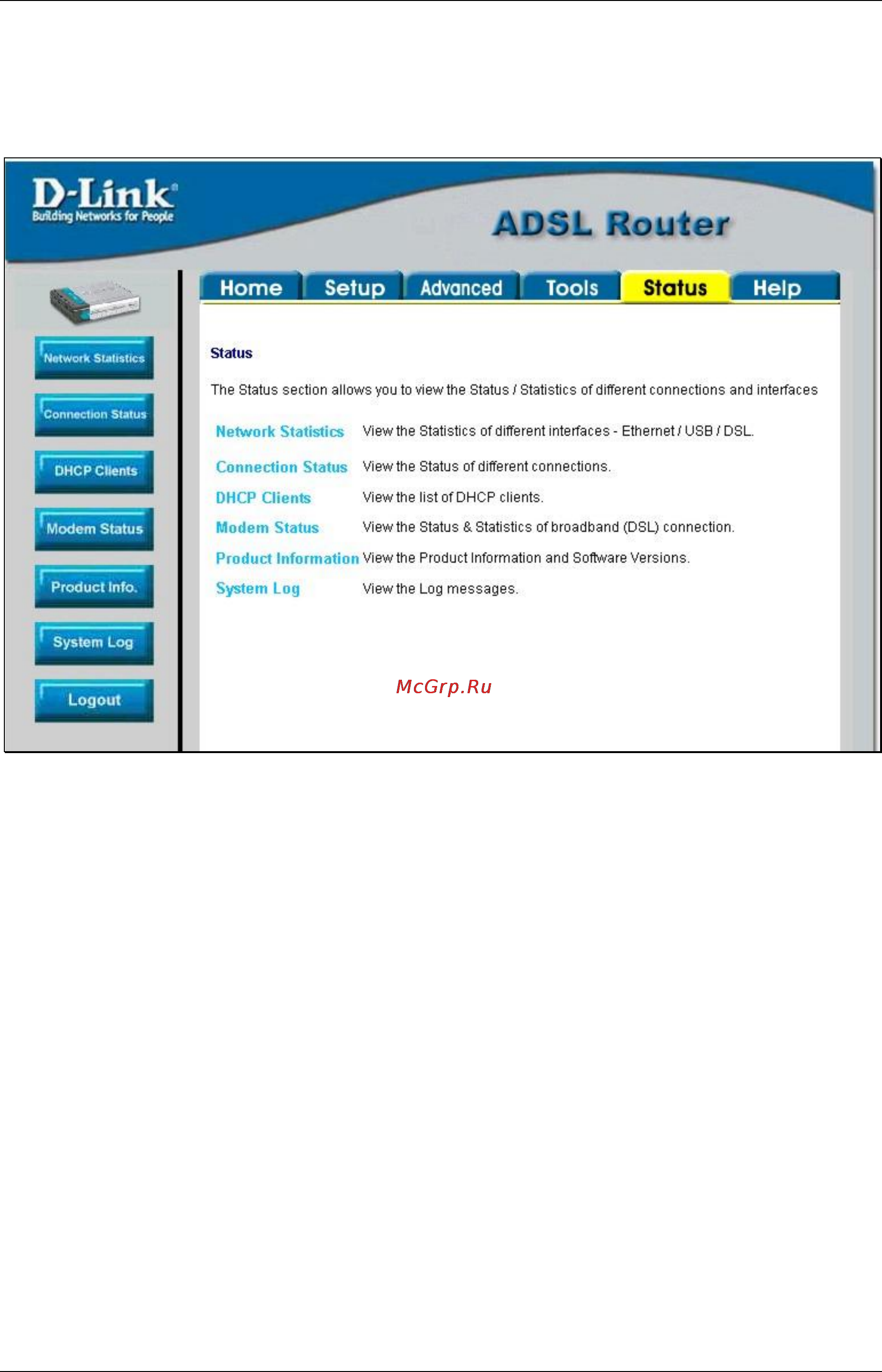 D-Link DSL-562T [70/89] Status menus