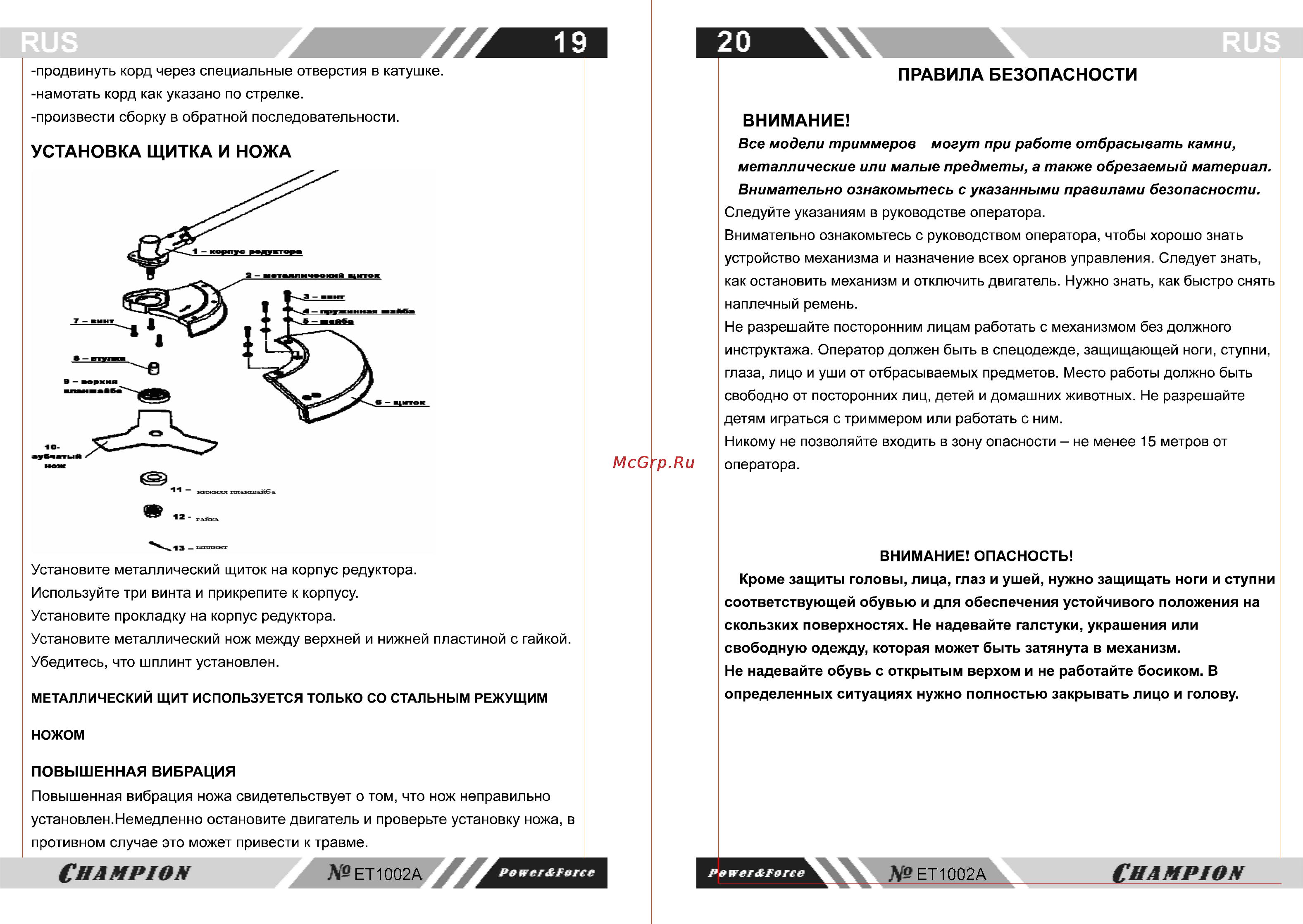 Champion ET1002А [11/12] Все модели триммеров могут при работе отбрасывать камни