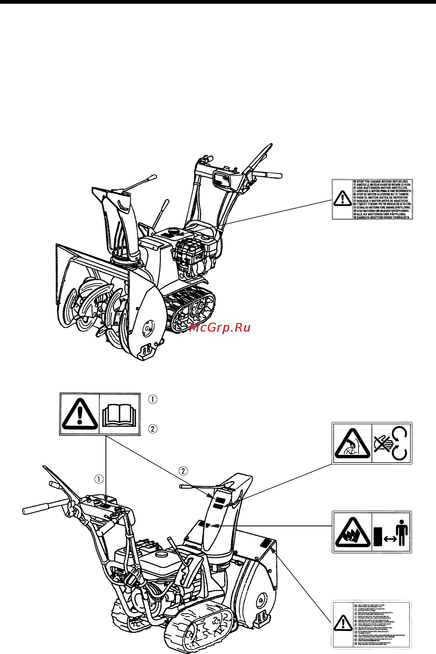 Honda HS622 [9/58] Расположение наклеек с предупреждающими надписями