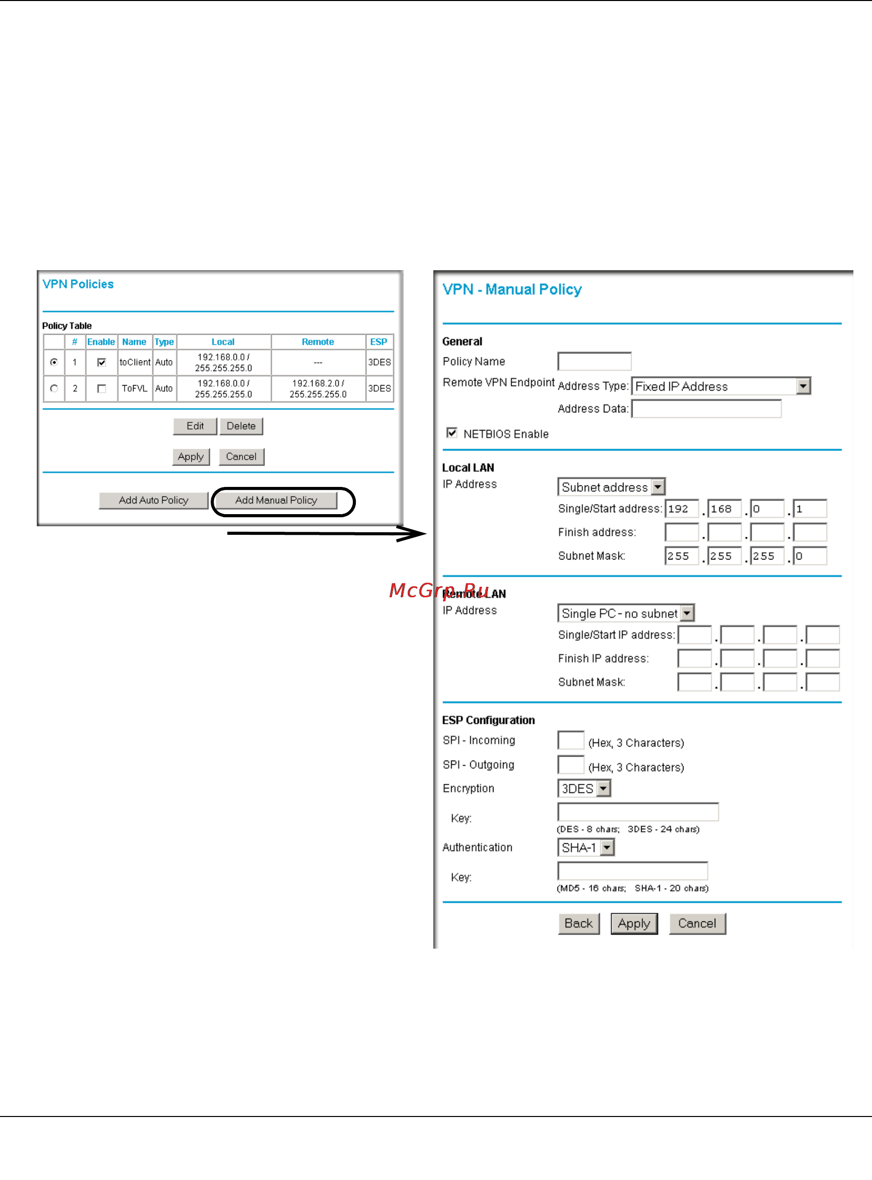 Netgear DG834G [158/204] Using manual policy to configure vpn tunnels