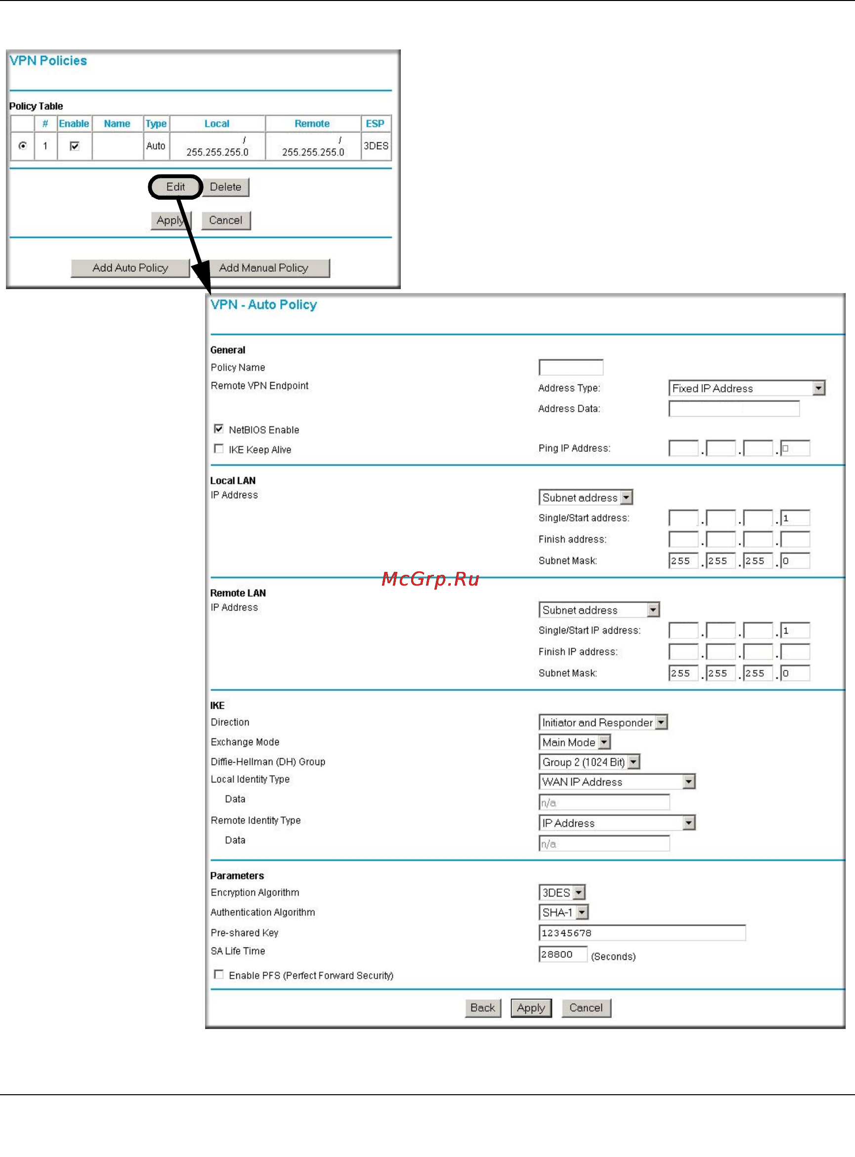 Netgear DG834G [178/204] Click vpn policies under advanced vpn to invoke this screen