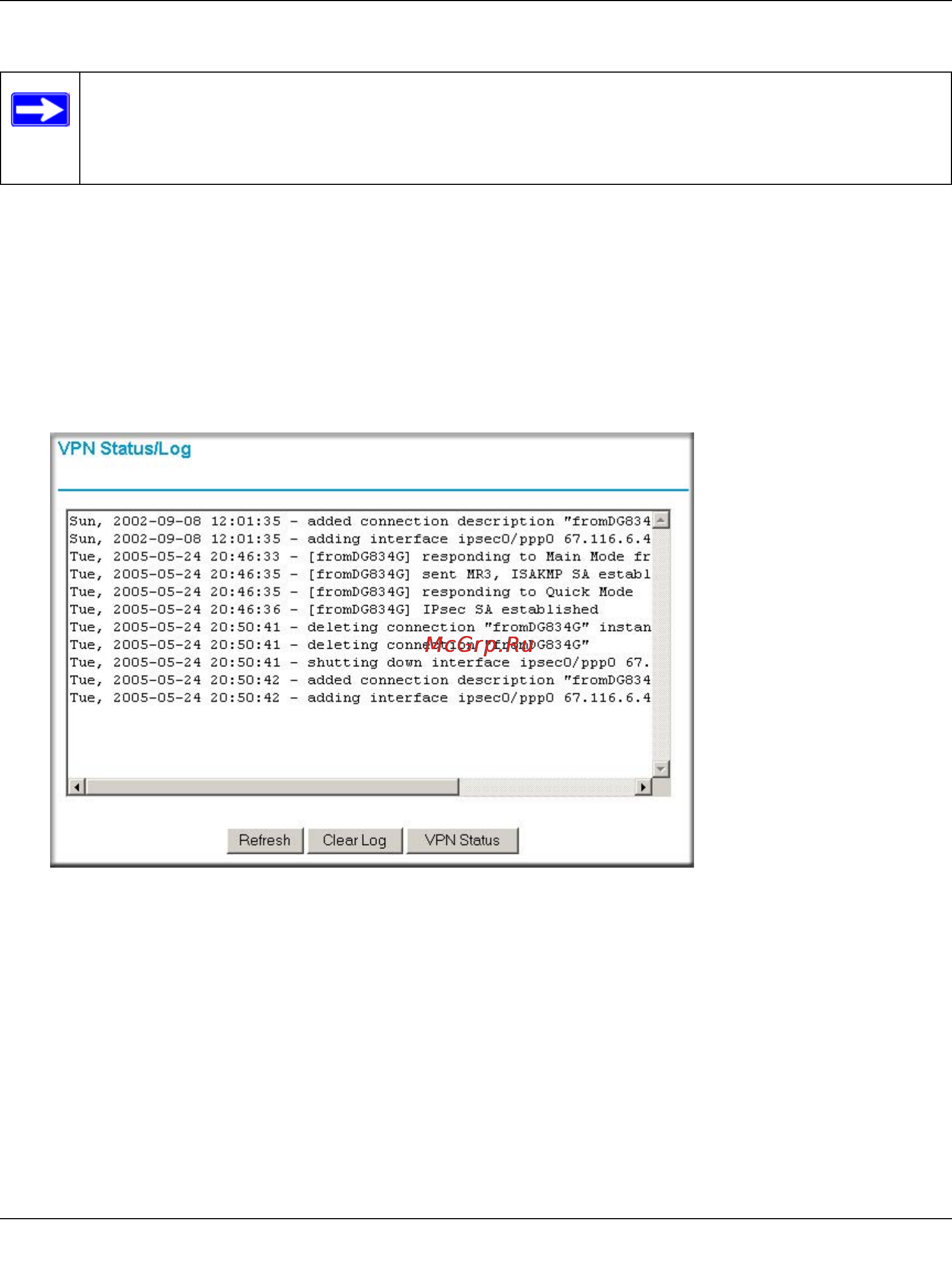 Netgear DG834G [202/204] Viewing the vpn router s vpn status and log information