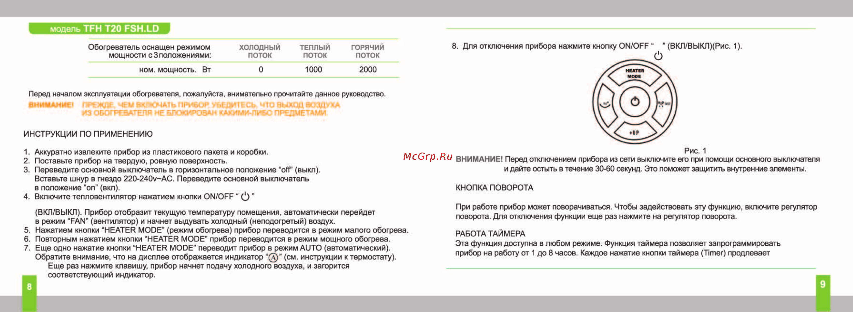 Timberk TFH T20FSH.PM Инструкция по эксплуатации онлайн [5/10] 17512