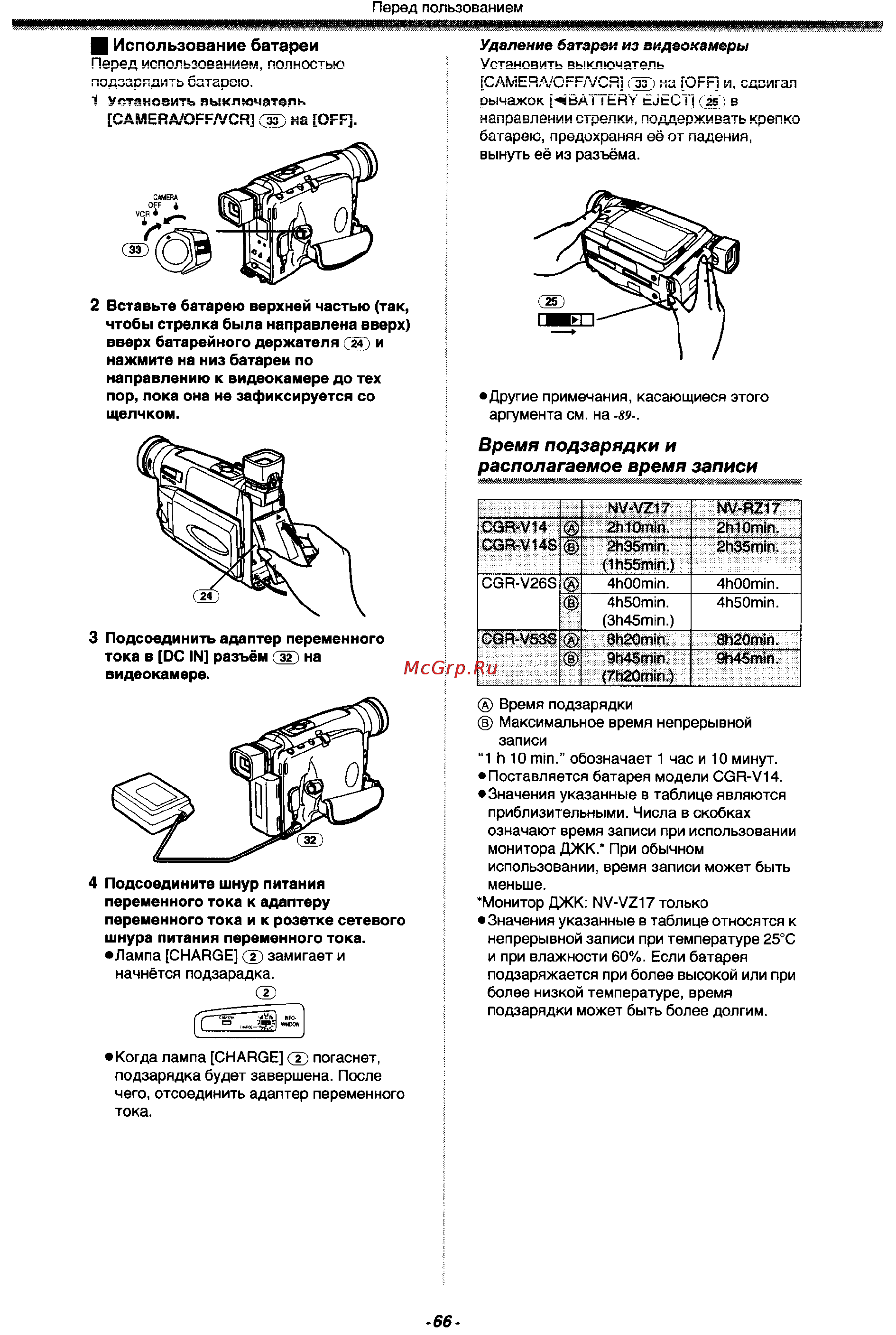Panasonic NV-VZ17EM [6/38] Время подзарядки и располагаемое время записи