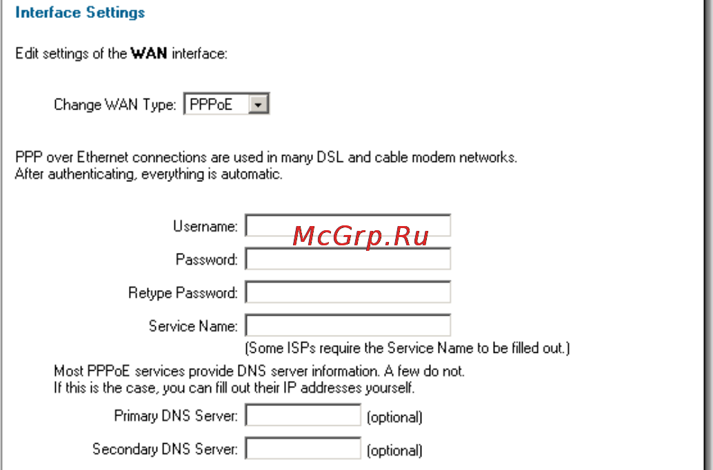 D-Link DFL-210 [17/133] Wan interface settings using pppoe