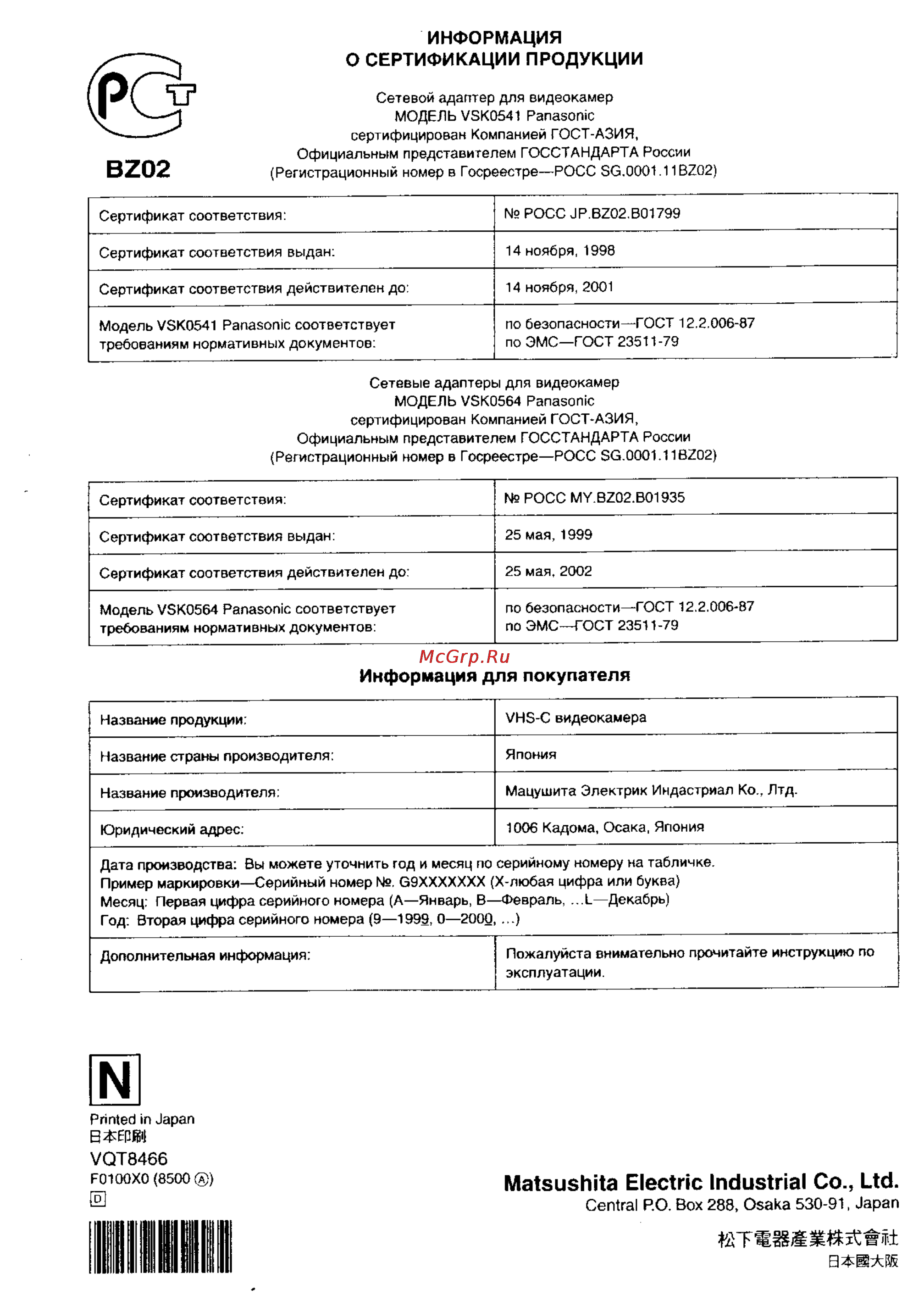 Panasonic NV-RZ1ENC [149/149] Matsushita electric industrial co ltd