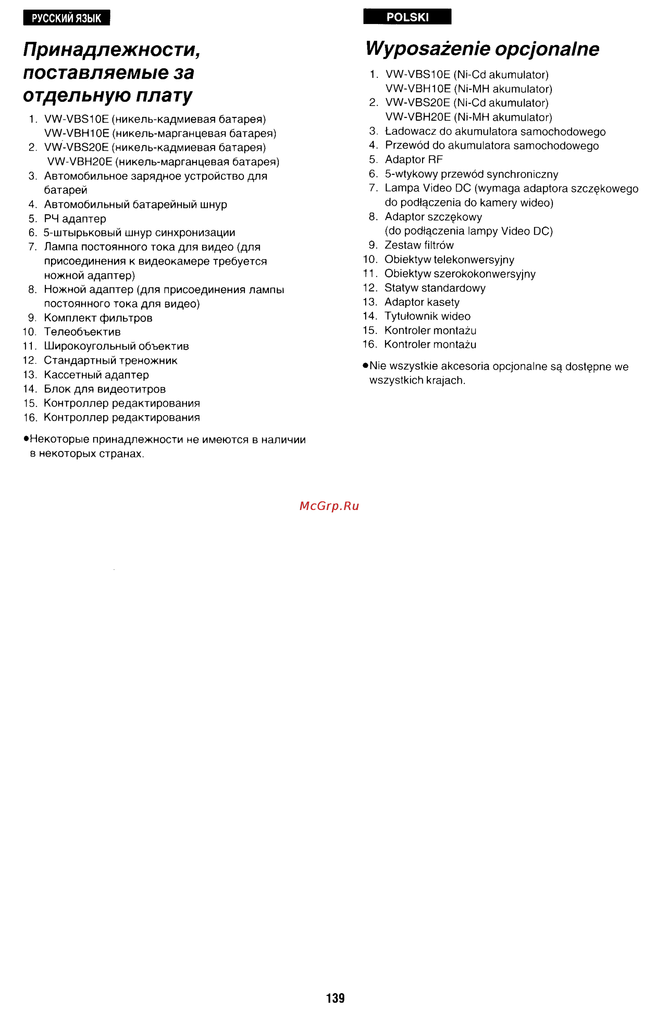 Panasonic NV-RX70EE [129/132] Принадлежности поставляемые за отдельную плату