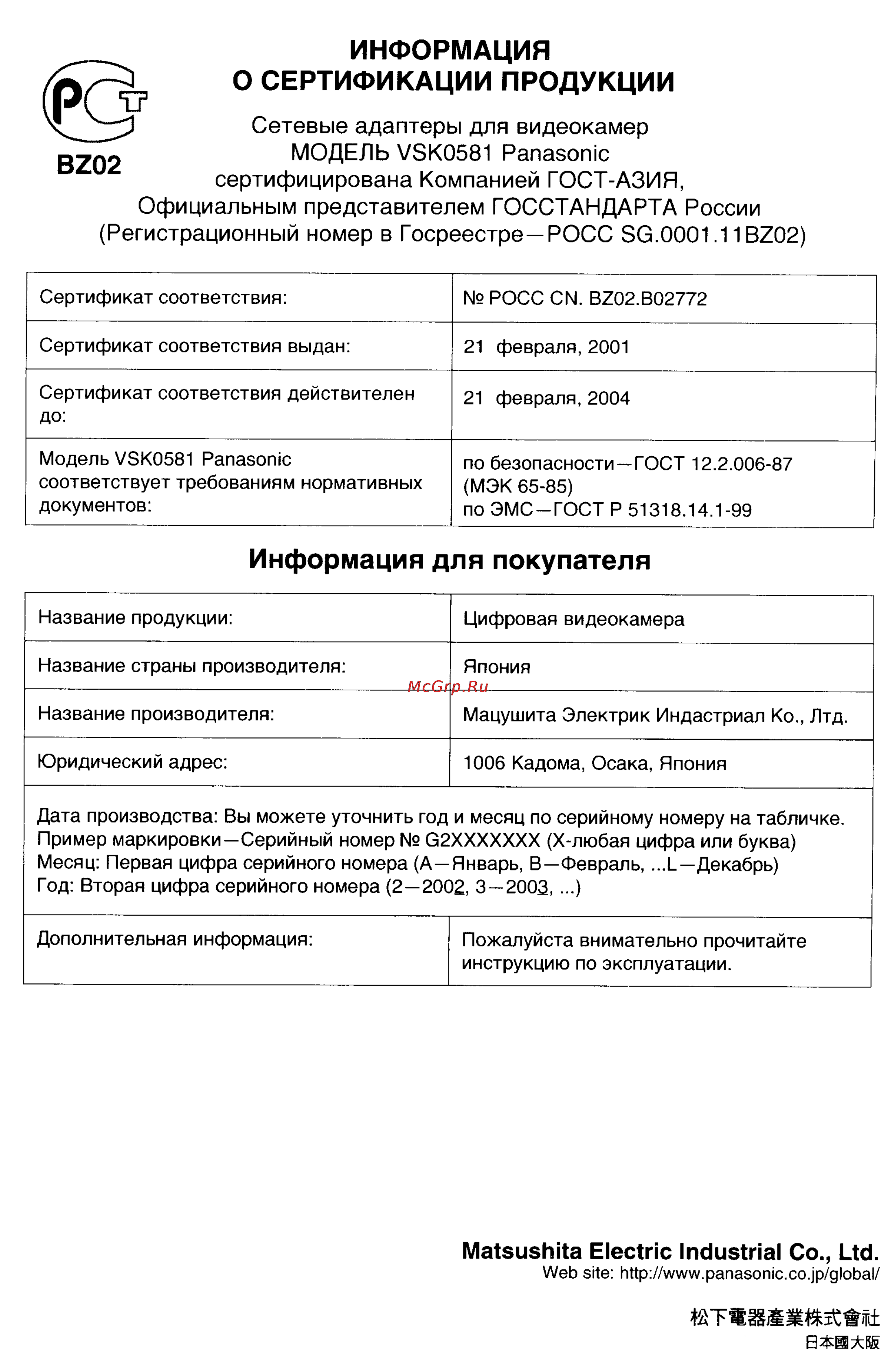 Panasonic NV-GX7EN [55/55] Модель vsk0581 panasonic