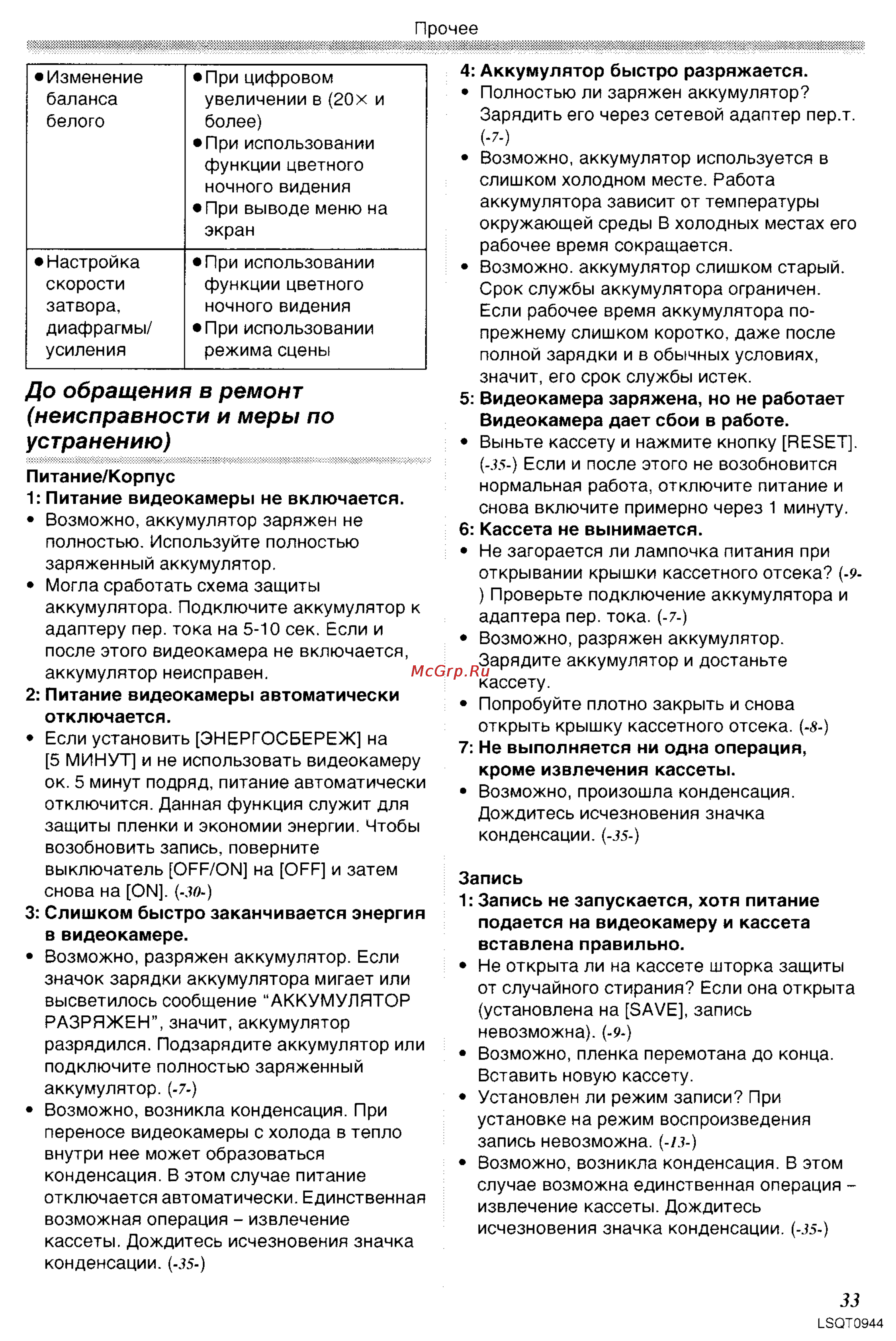 Panasonic NV-GS6EE [33/42] До обращения в ремонт неисправности и меры по устранению