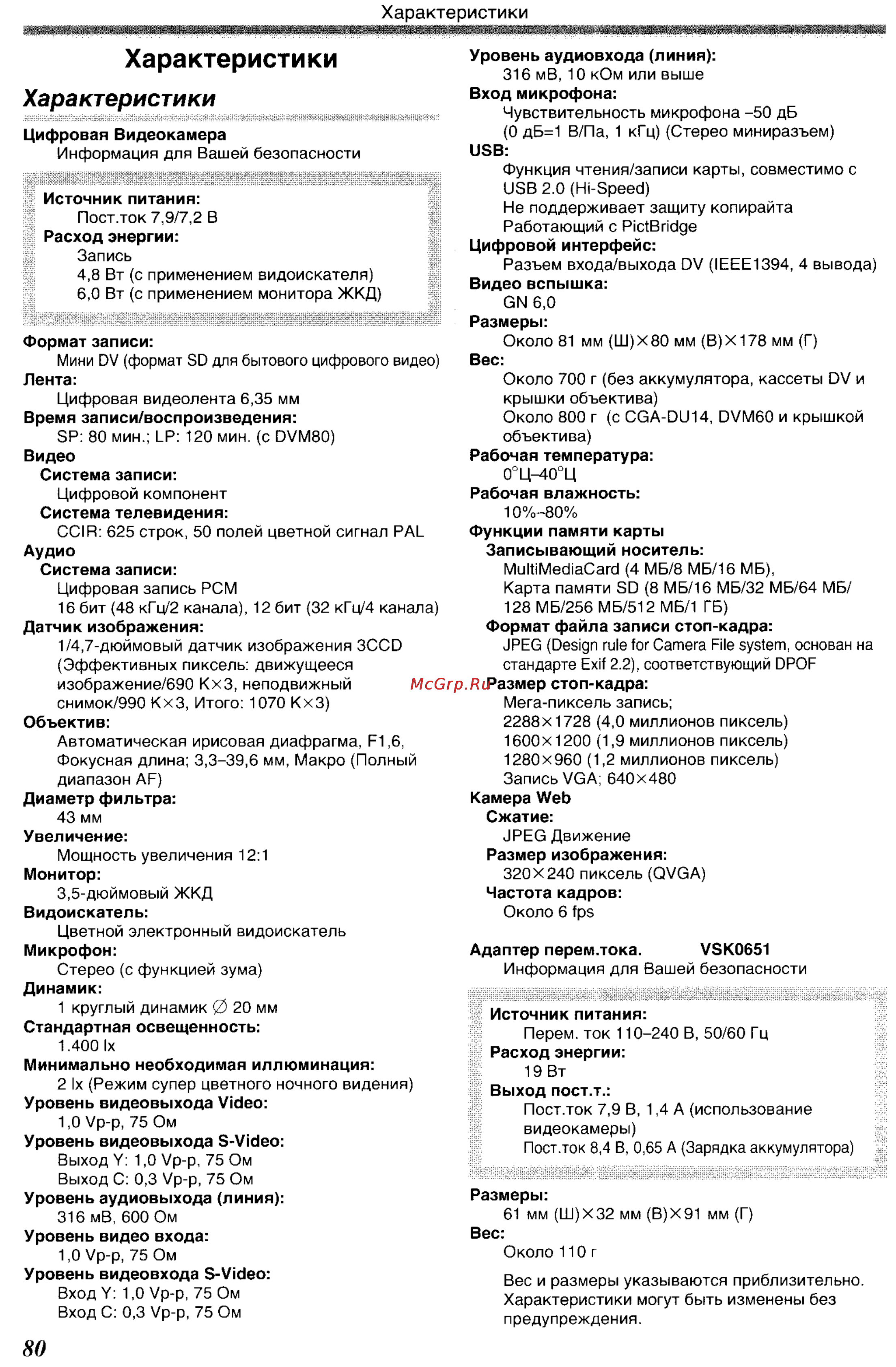 Panasonic NV-GS400GC [80/102] Характеристики