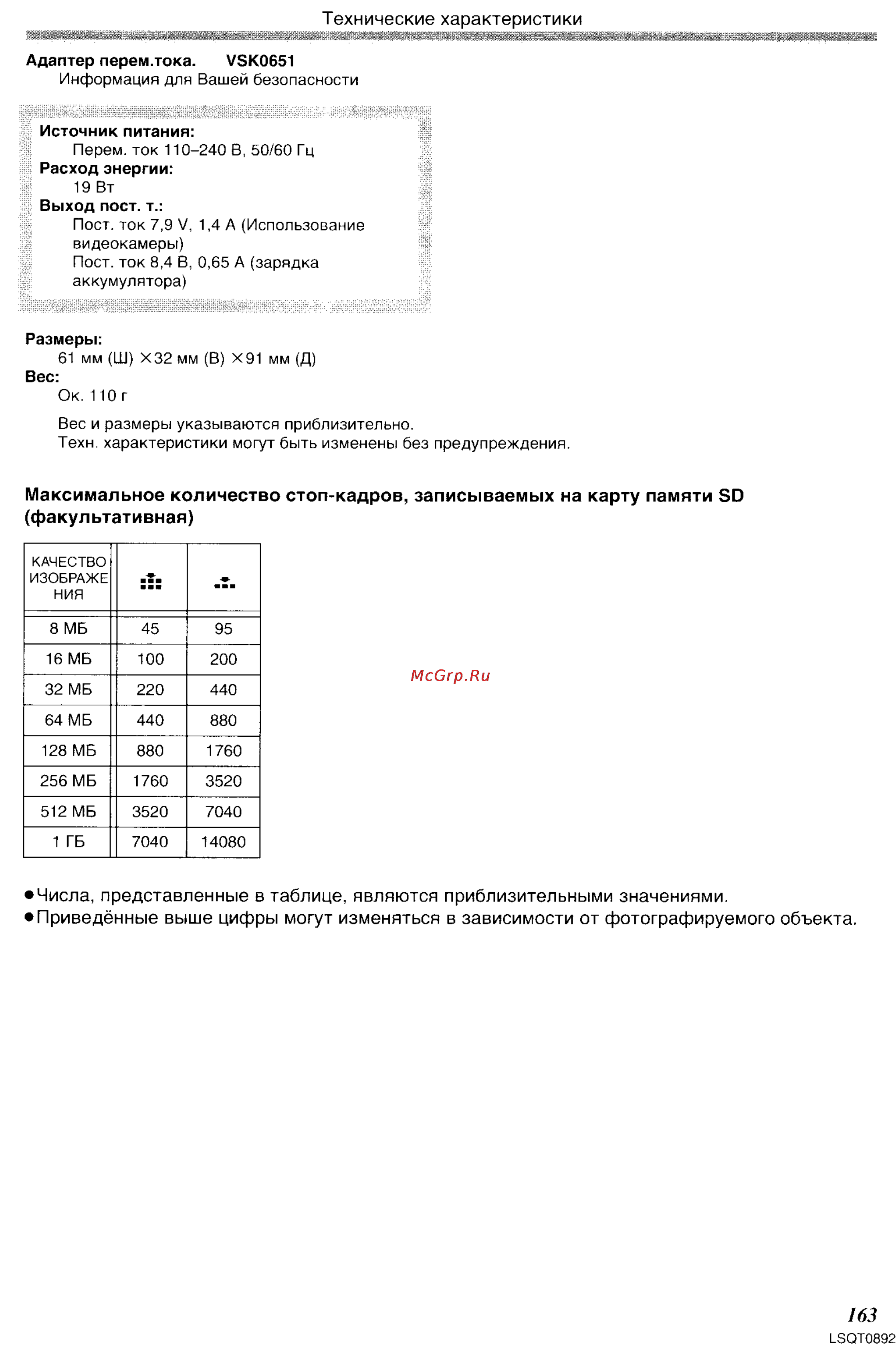 Panasonic NV-GS25GC [60/86] Максимальное количество стоп кадров записываемых на карту памяти 80 факультативная
