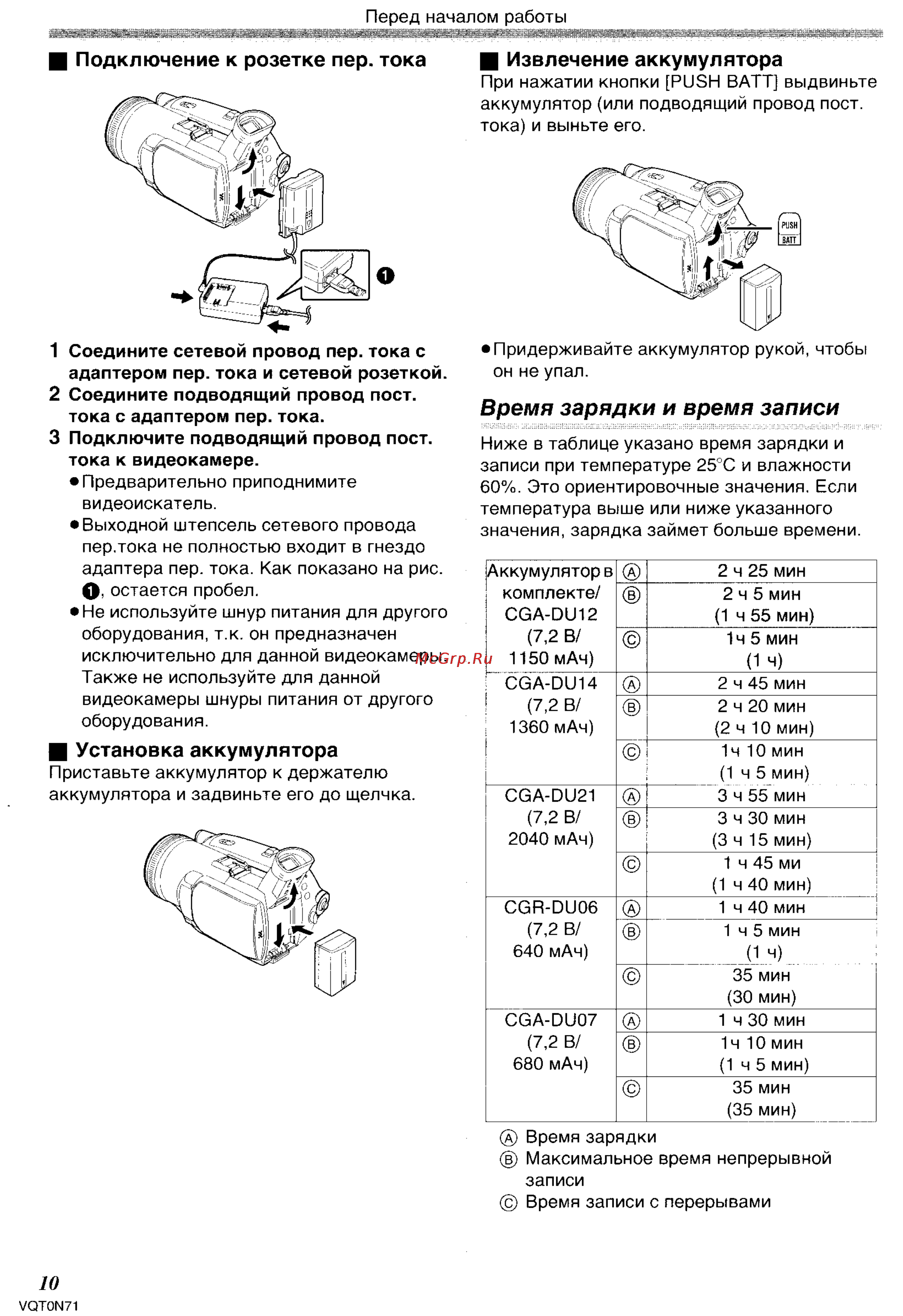 Panasonic NV-GS250GC [10/96] Время зарядки и время записи