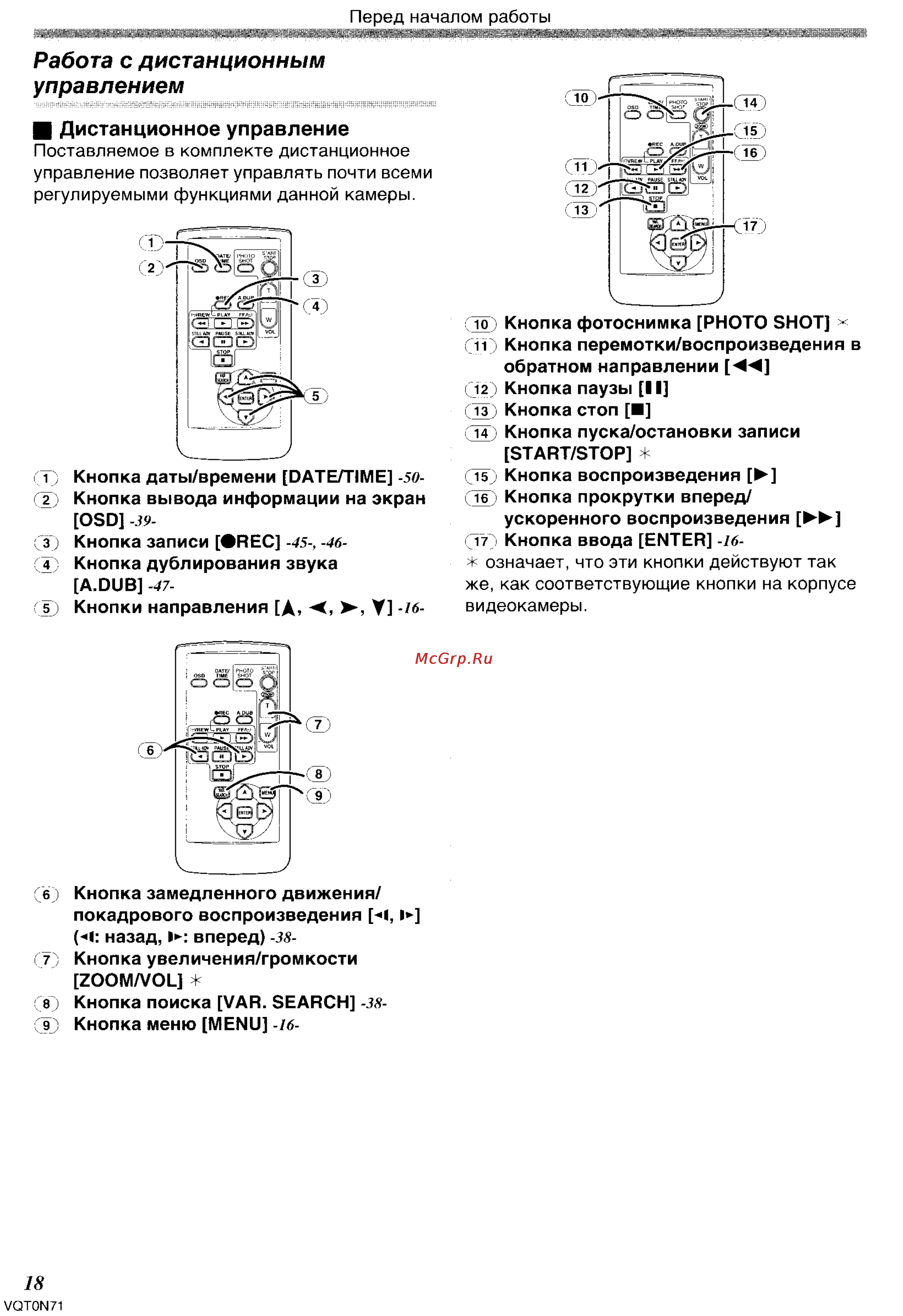 Panasonic NV-GS250GC [18/96] Работа с дистанционным управлением