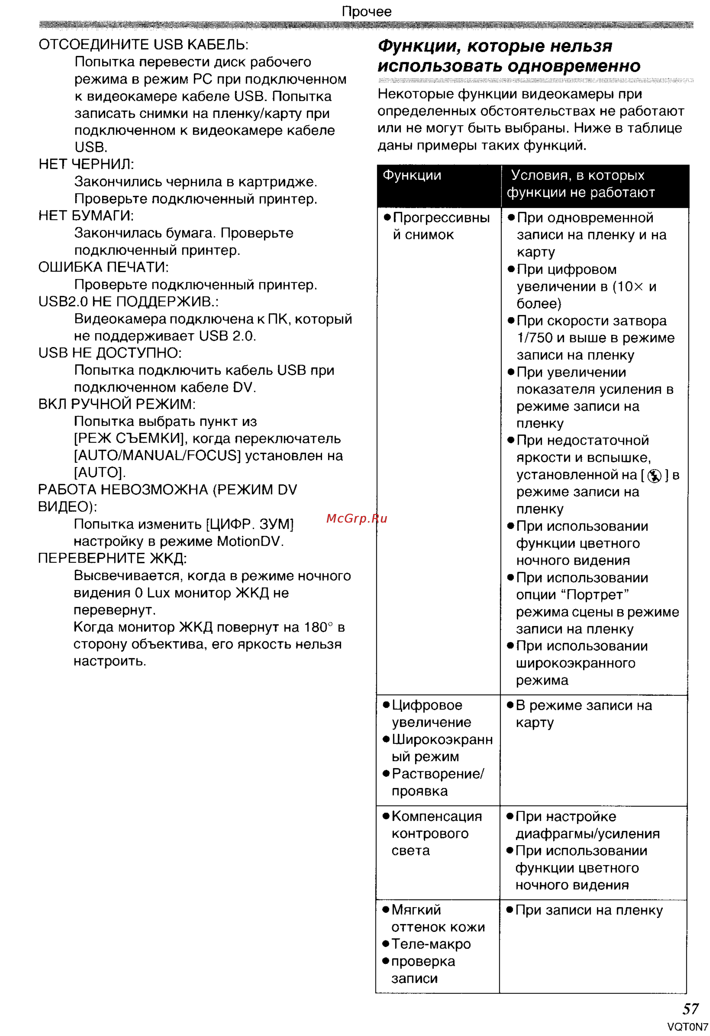 Panasonic NV-GS250GC [57/96] Функции которые нельзя использовать одновременно