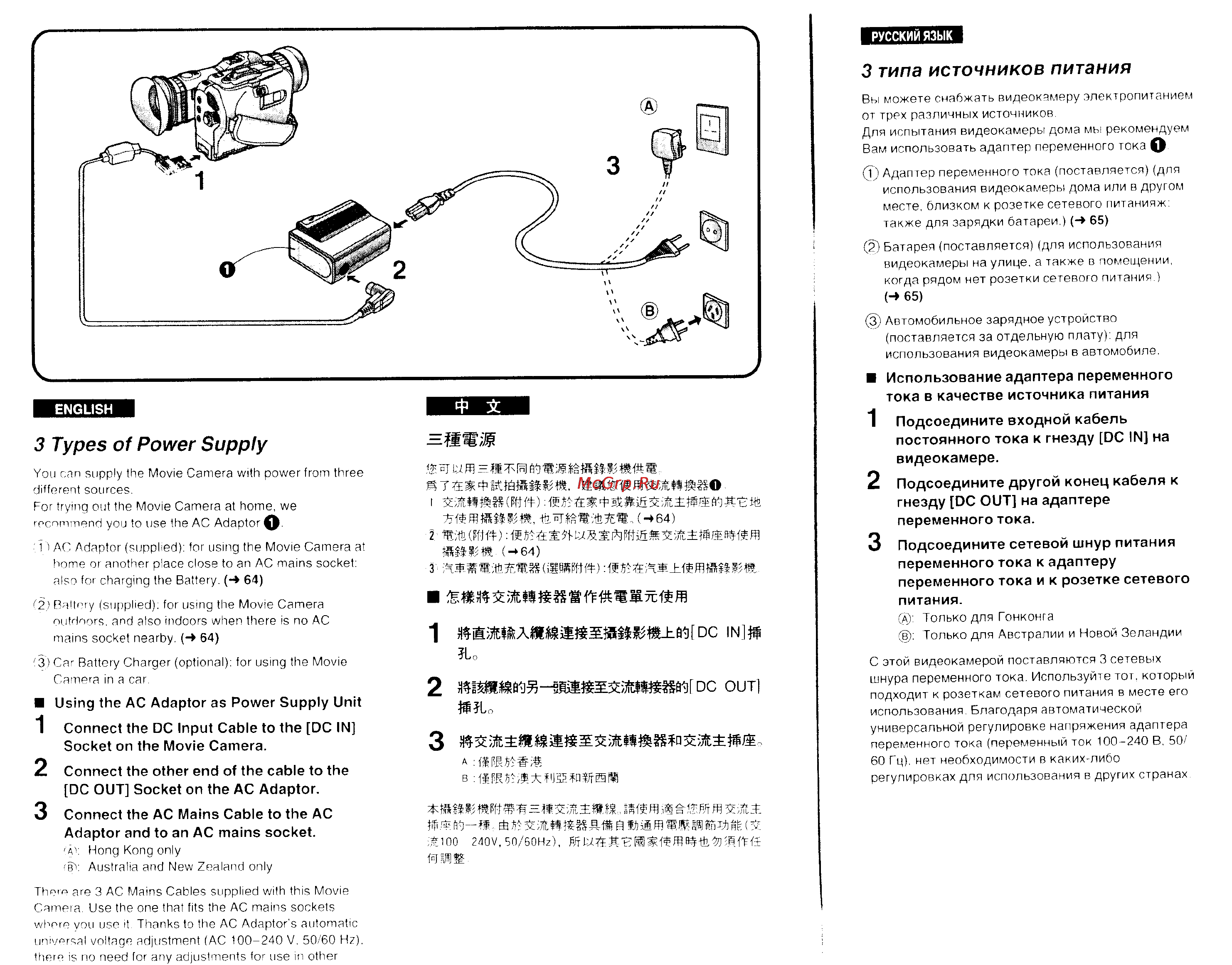 Panasonic NV-DX1EN [9/93] Types of power supply