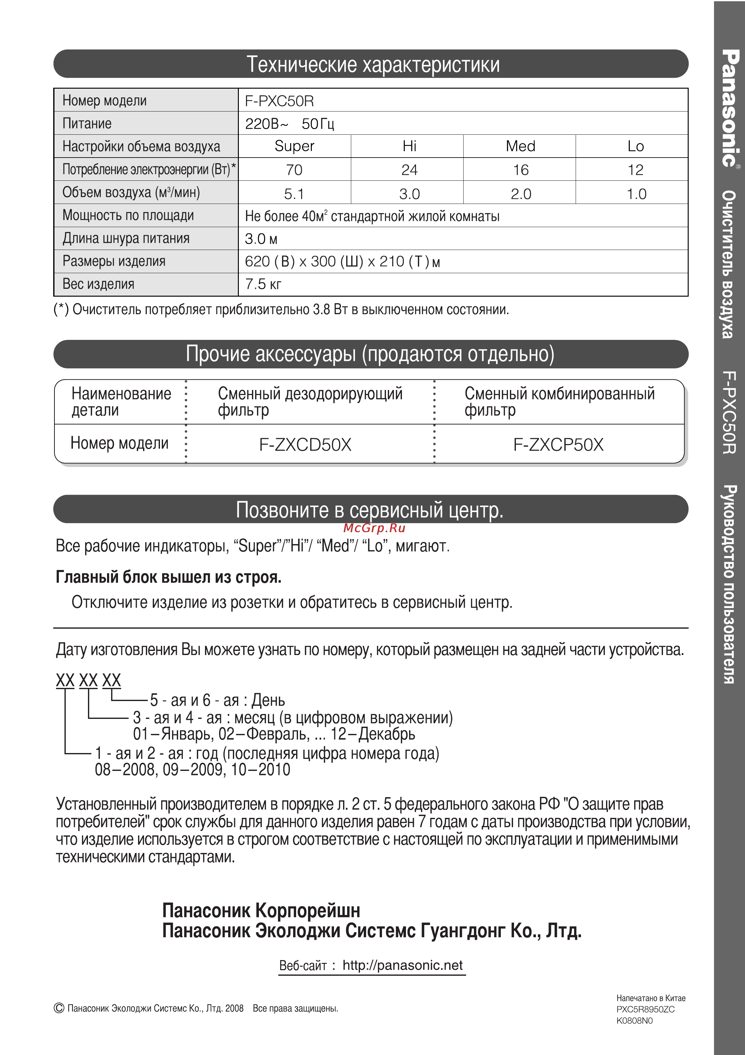 Panasonic F-PXC50R [20/20] Позвоните в сервисный центр