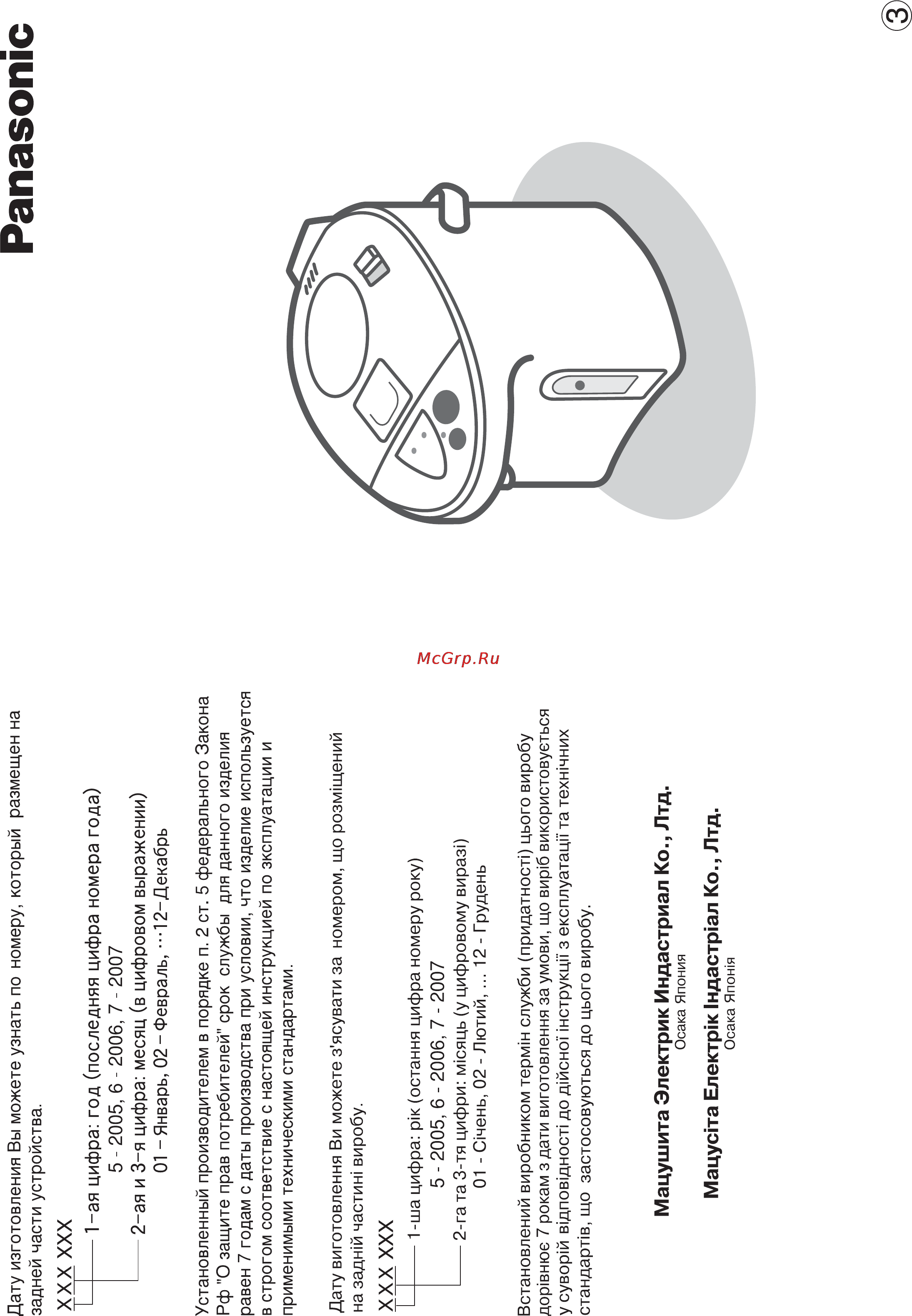 Panasonic NC-PG30PWTW Инструкция по эксплуатации онлайн