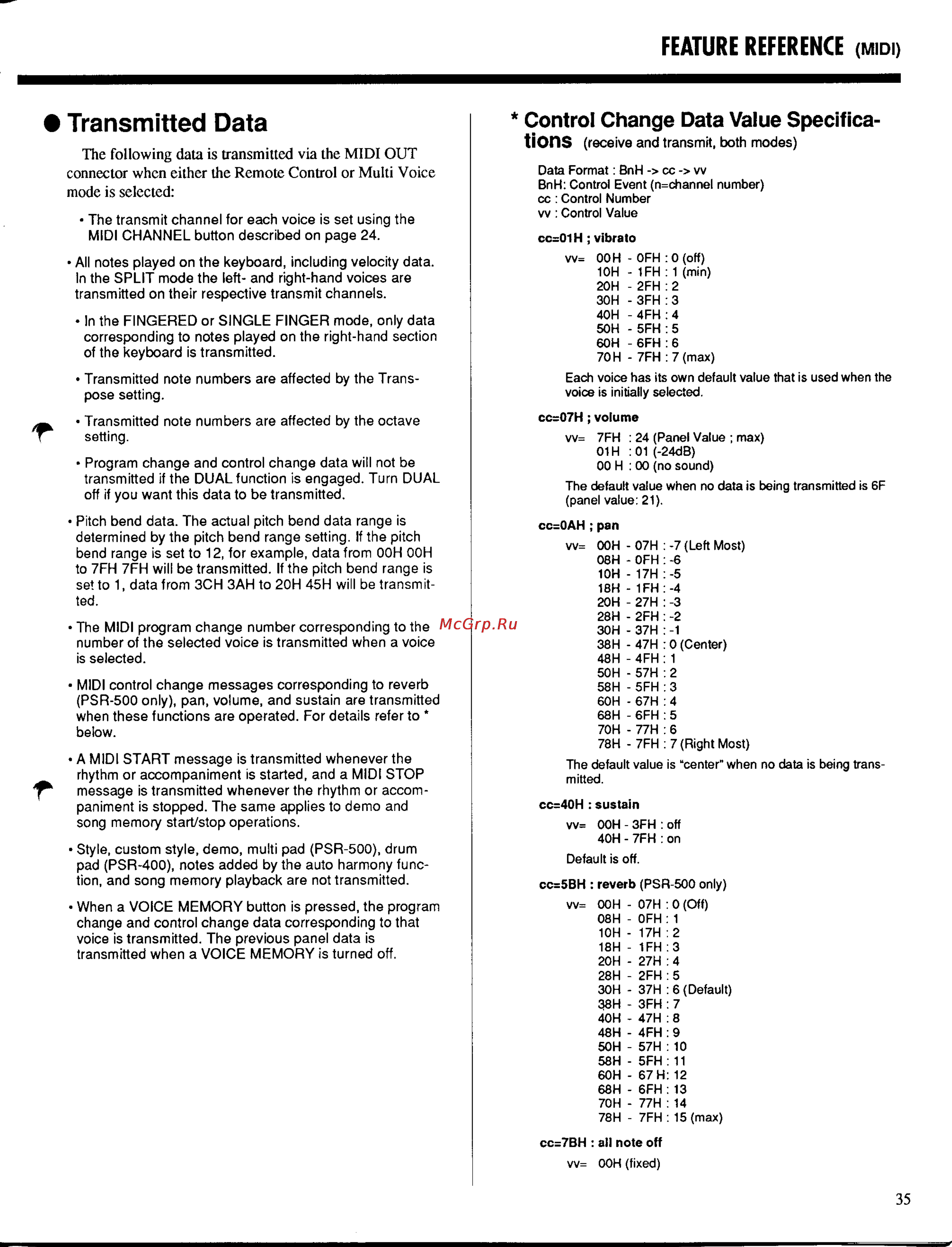 Yamaha PSR-500m [37/47] Control change data value specifica