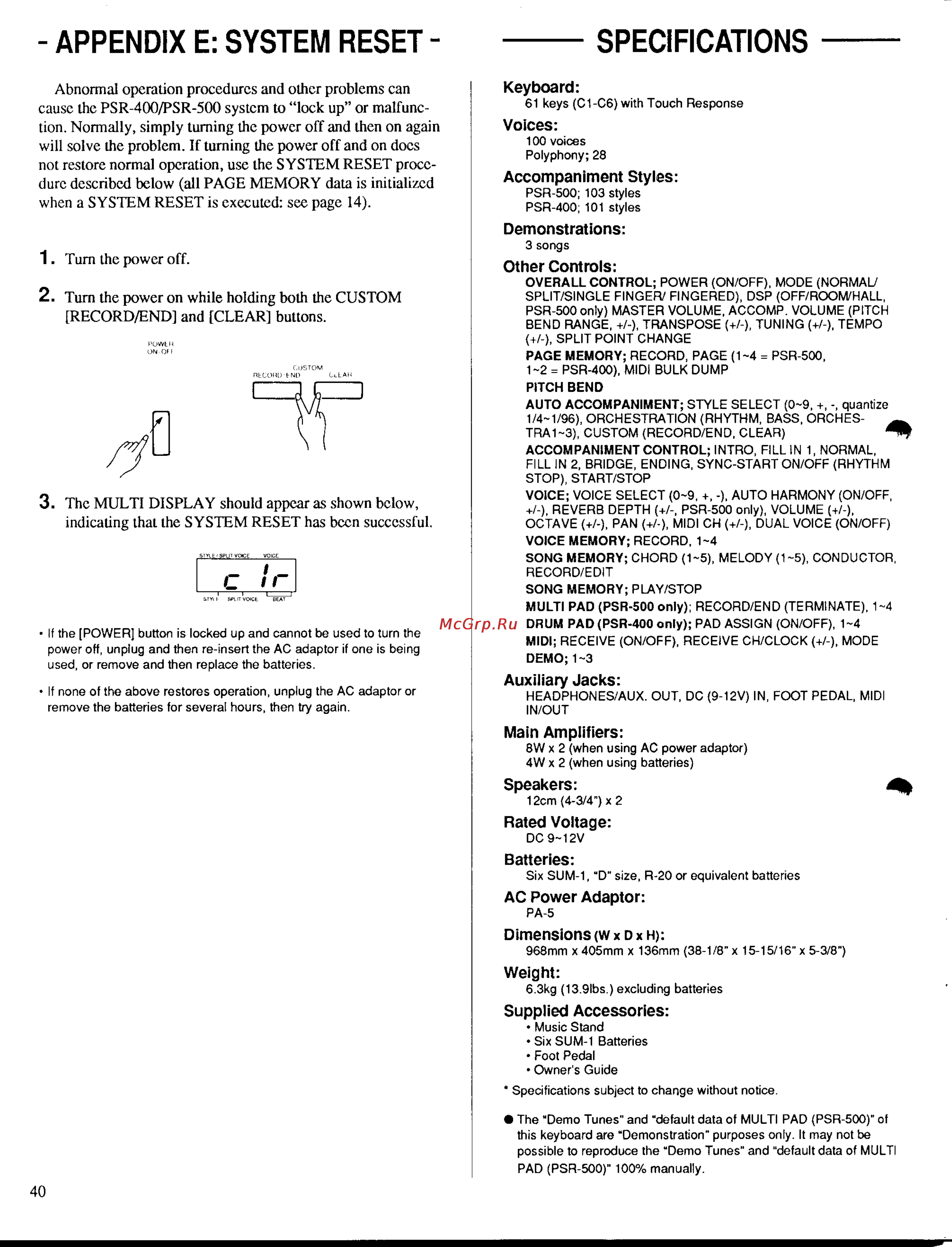 Yamaha PSR-500m [42/47] Appendix e system reset specifications