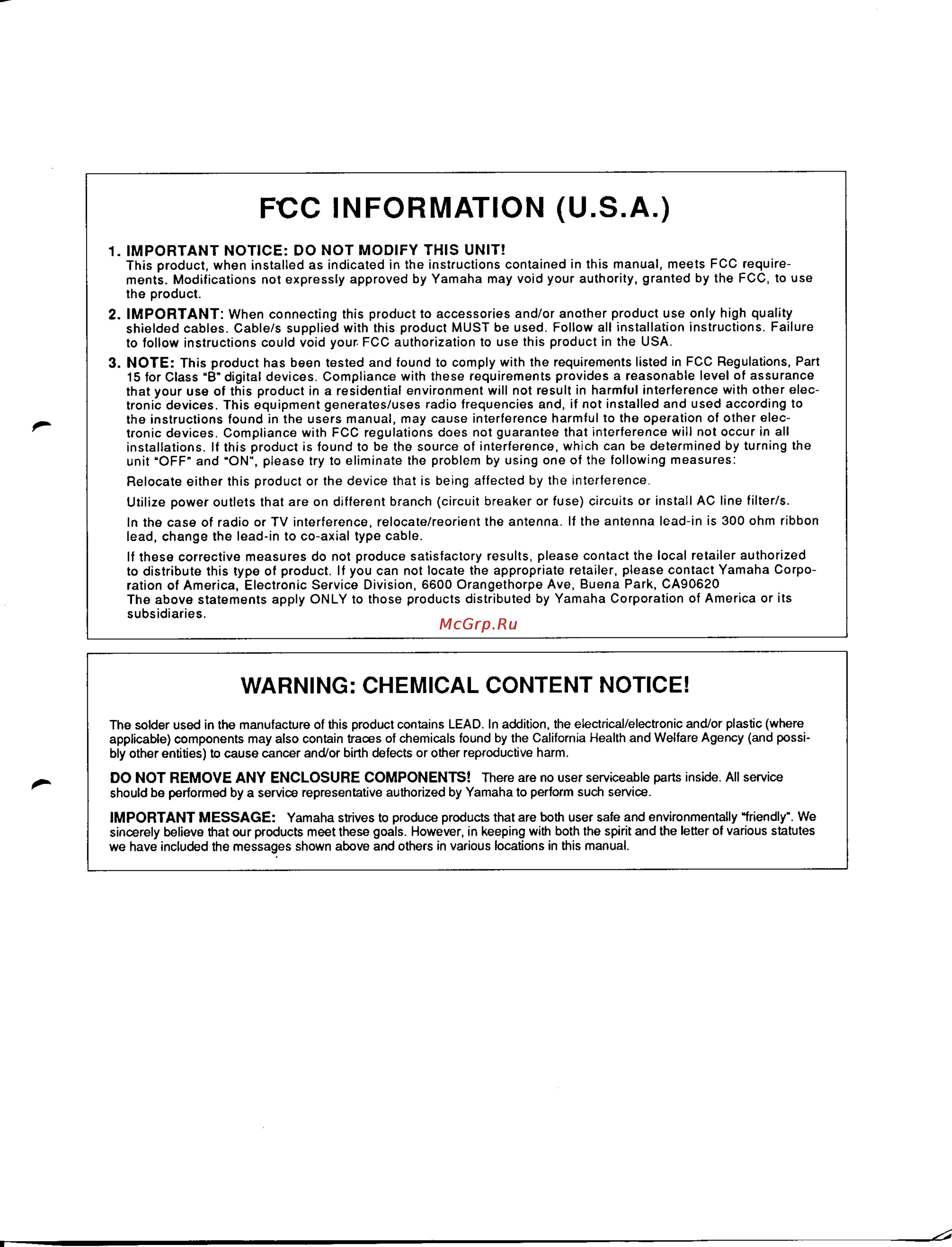 Yamaha PSR-500m [45/47] Fcc information u s a