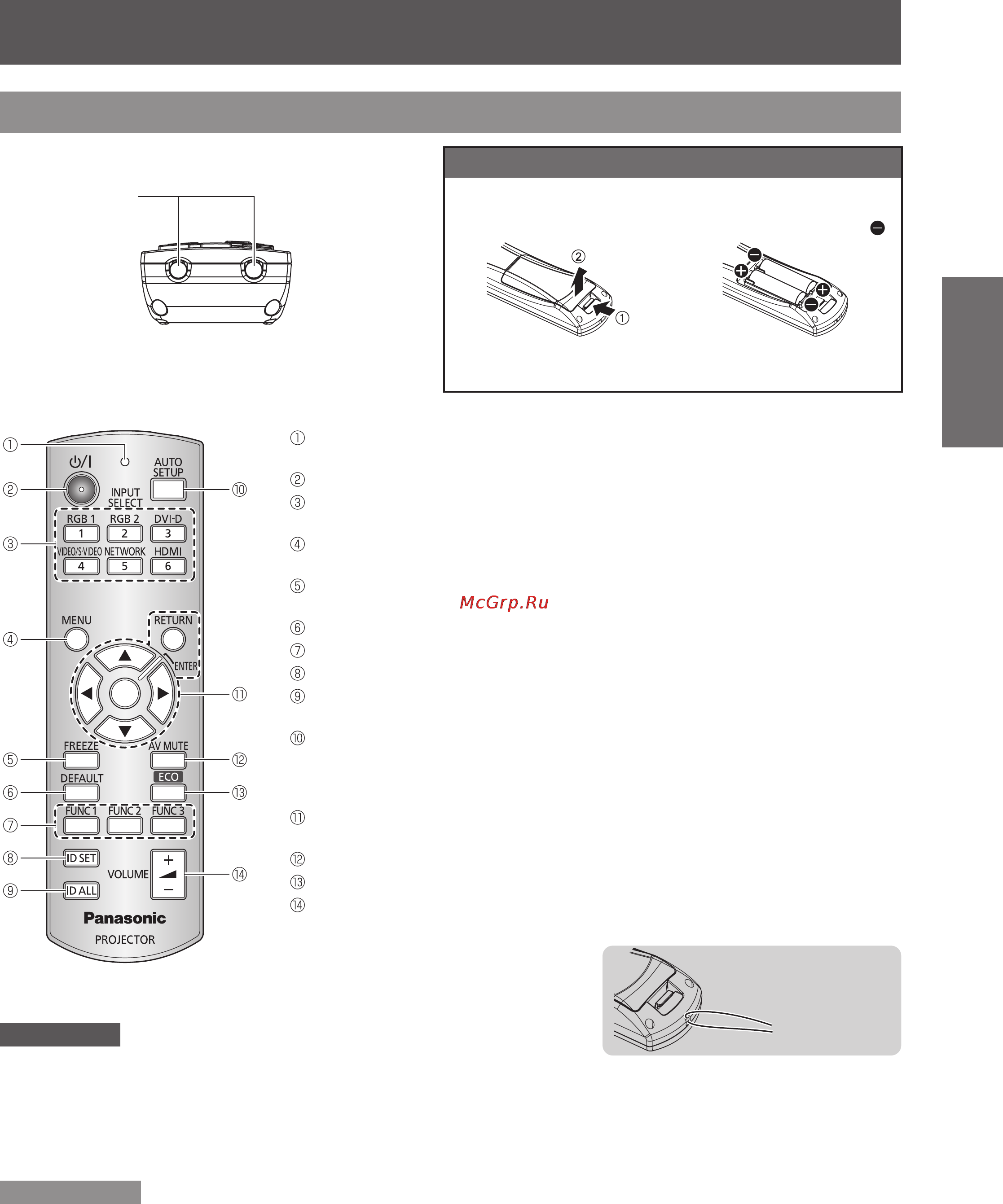 Panasonic PT-DW530E [19/96] Не роняйте пульт дистанционного управления z не допускайте на него попадания жидкостей или влаги z не пытайтесь изменять или разбирать пульт дистанционного управления производите ремонт в авторизованном z сервисном центре не допускайте попадания сильного света на датчик приема сигнала пульт дистанционного управления может z работать неправильно при сильном свете например при лампах дневного света