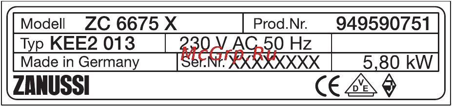 Zanussi ZC 6675 X [18/20] Фирменная табличка