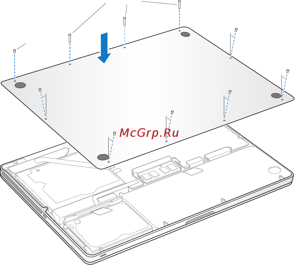 Apple MD318 [47/96] Установитенижнюючастькорпусанаместо повторновставьтевсоответствующие отверстияизакрепитедесятьвинтов извлеченныхпривыполнениишага2 обязательновставляяболеекороткиевинтыпоуглам показаннымнарисунке