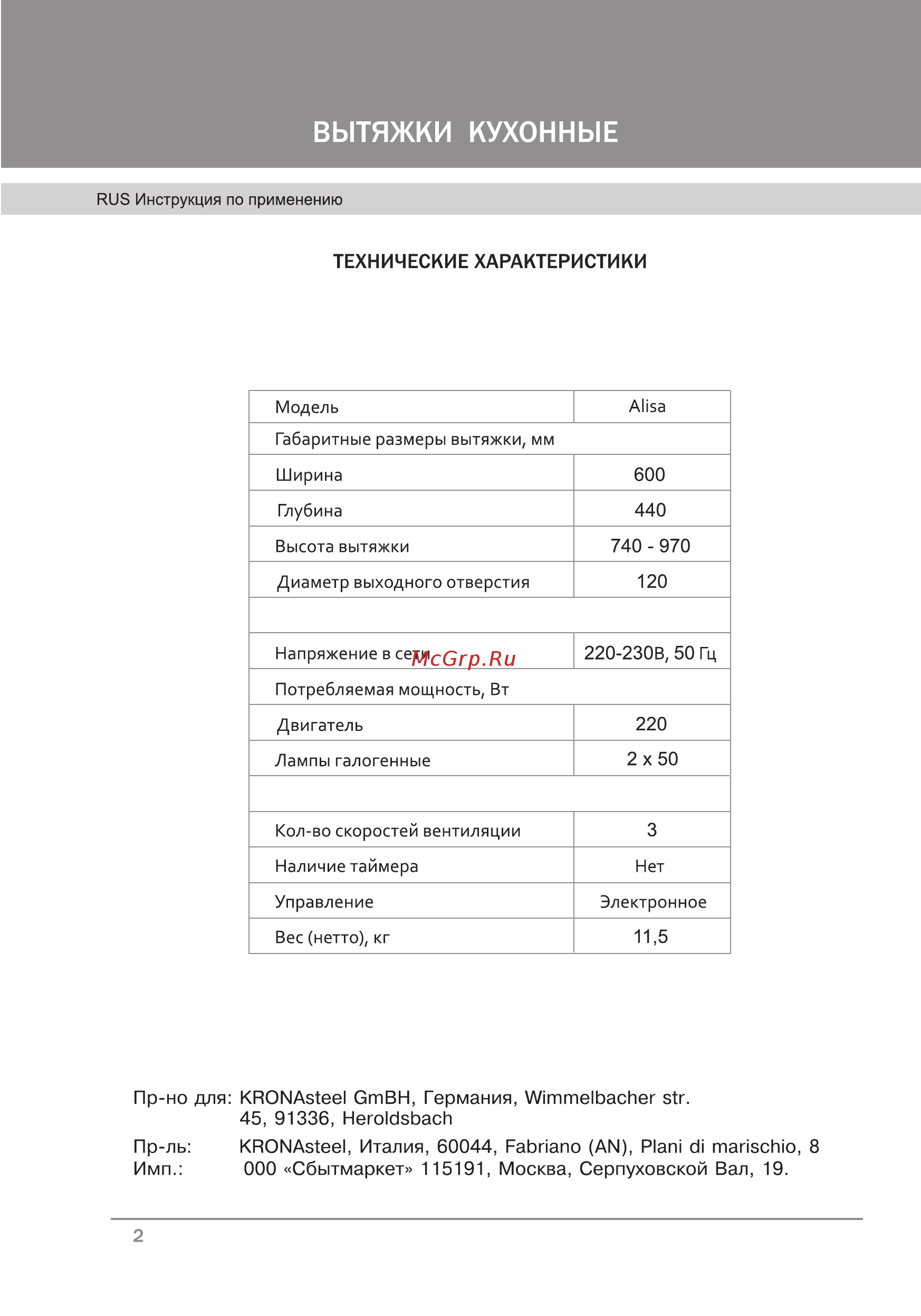 Krona ALISA 600 electronic [4/24] Страница 1