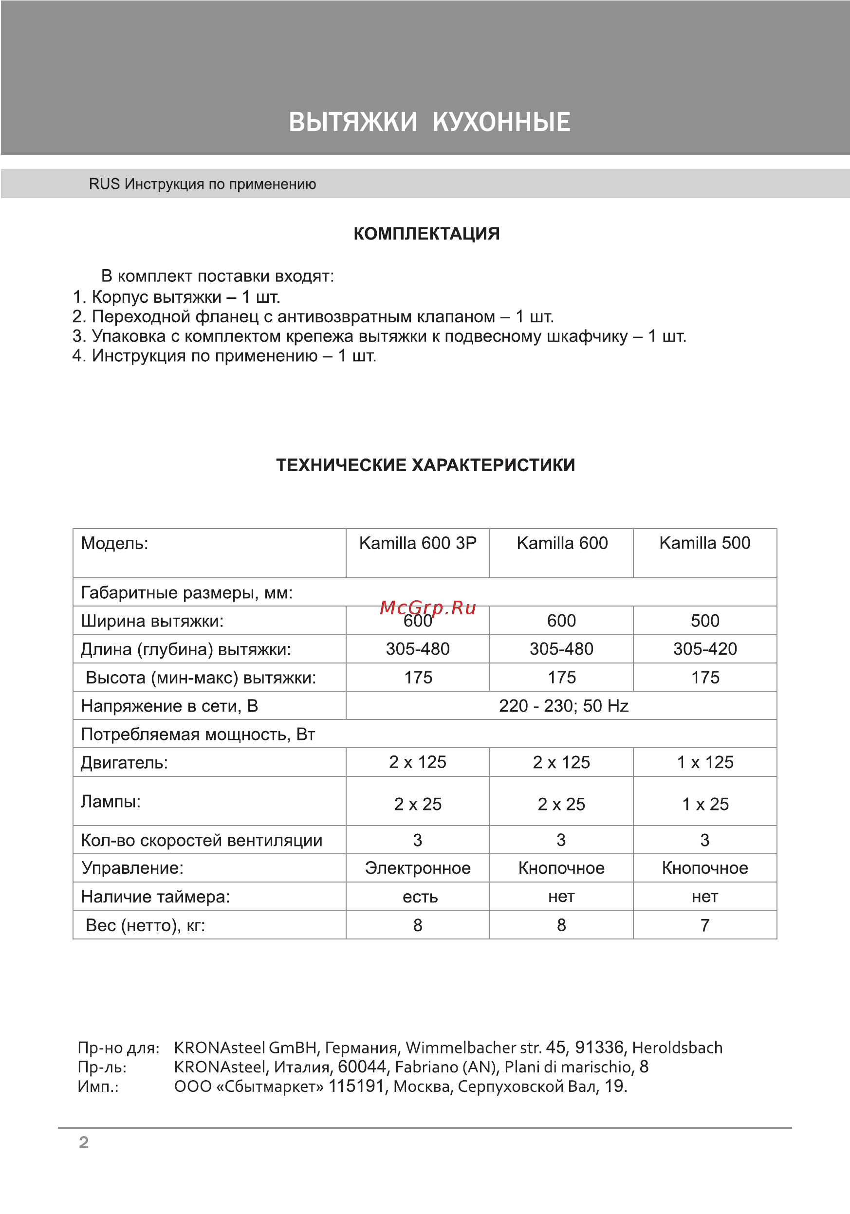 Krona Kamilla 600 Dark glass [4/24] Страница 1