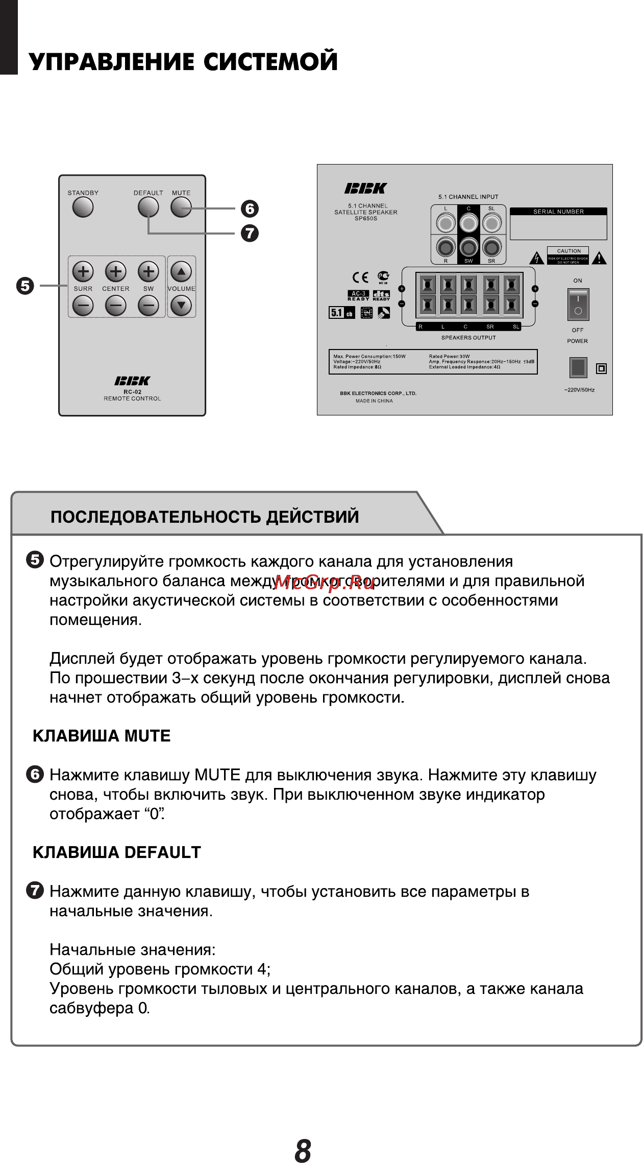 BBK SP650S [11/14] Управление системой