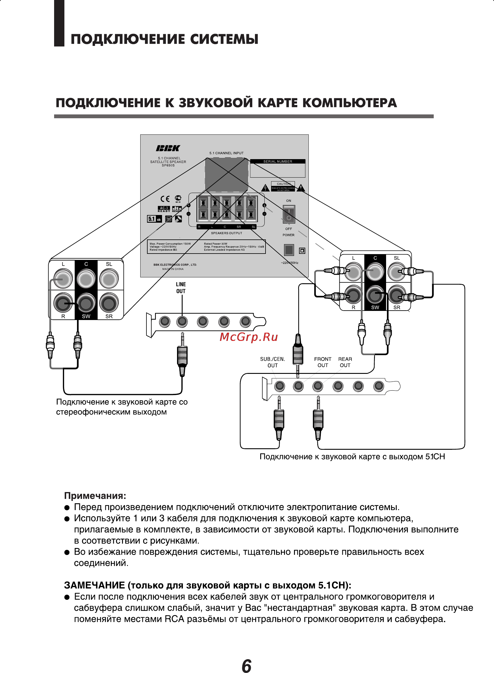 BBK SP650S [9/14] Подключение к звуковой карте компьютера