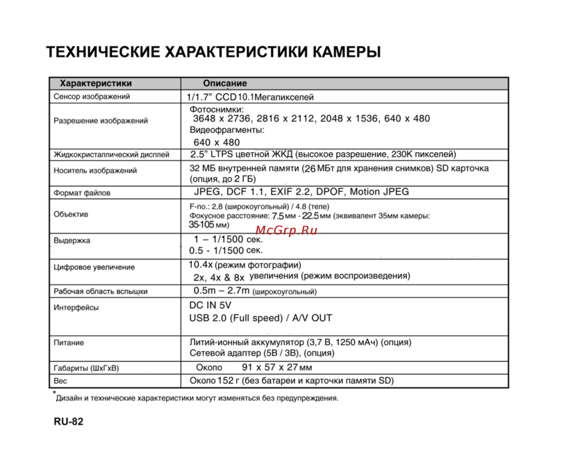 Ufo DS 1015 [82/86] Технические характеристики камеры