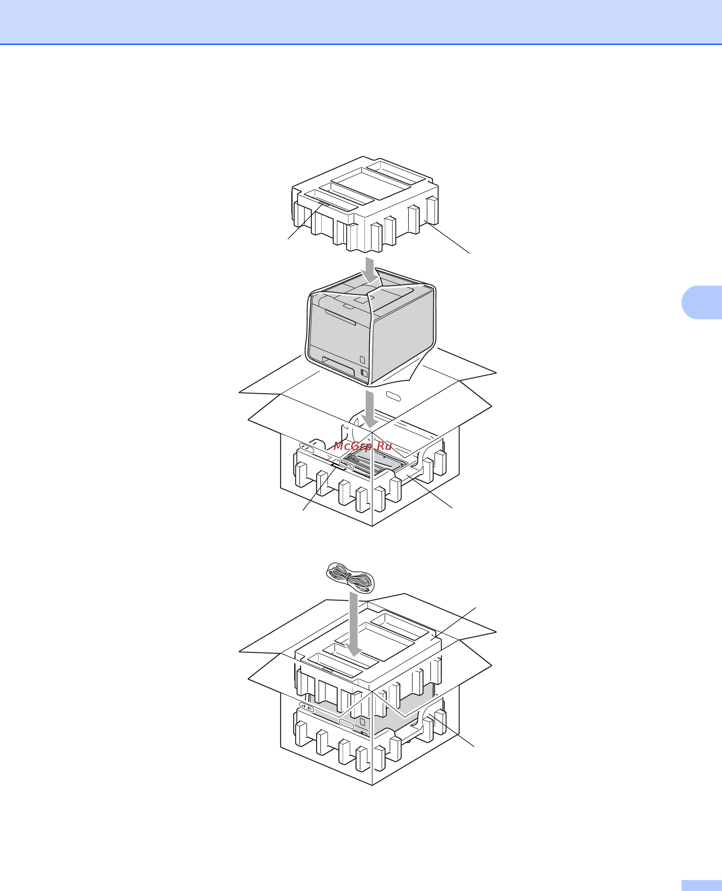 Brother HL-4570CDW [153/214] Заверните аппарат в пластиковый пакет поместите аппарат на пенопластовый блок 1 затем накройте аппарат пенопластовым блоком 2 совместите переднюю сторону аппарата со значком front на пенопластовом блоке