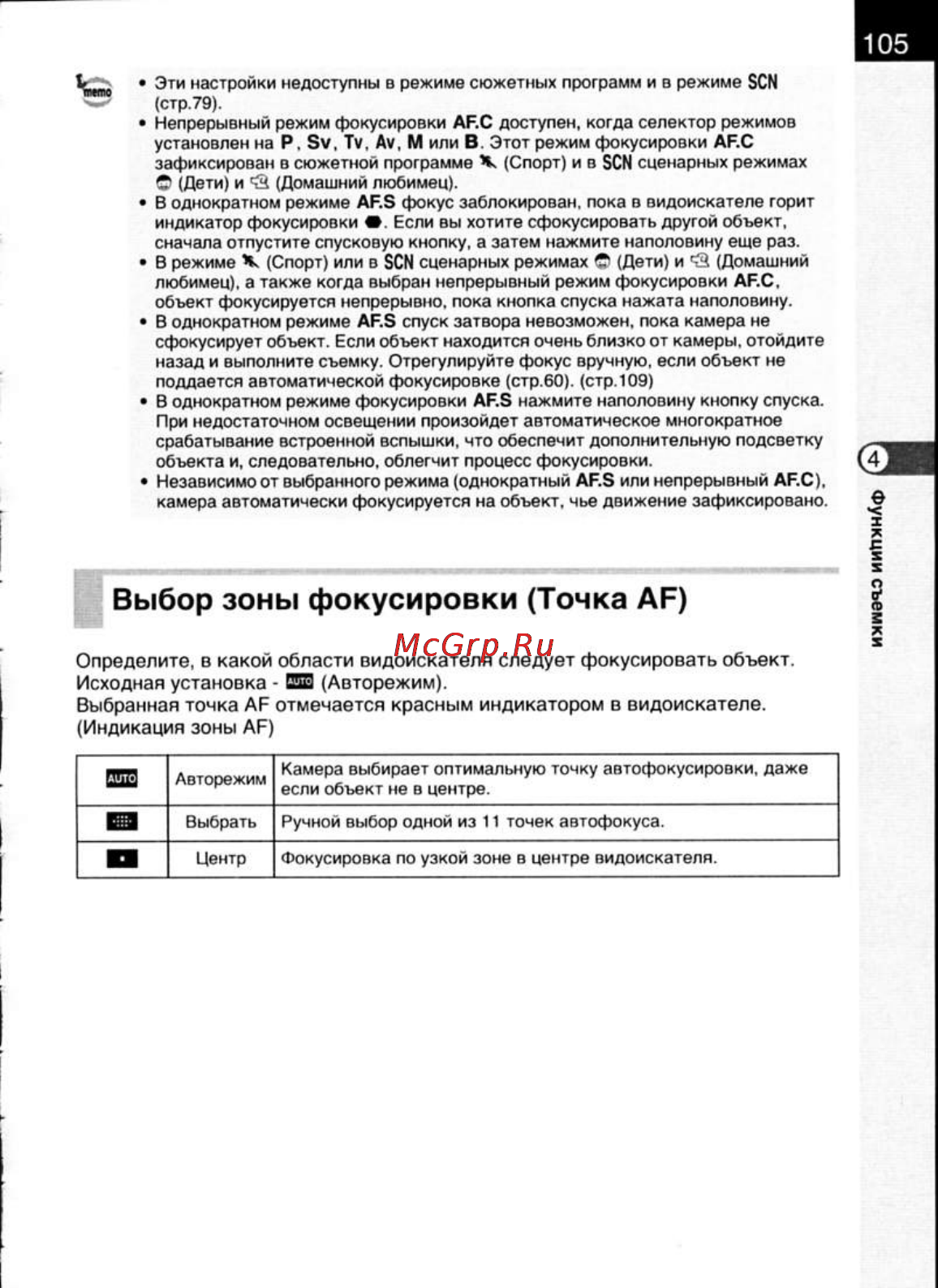 Pentax K200D [107/266] Выбор зоны фокусировки точка af