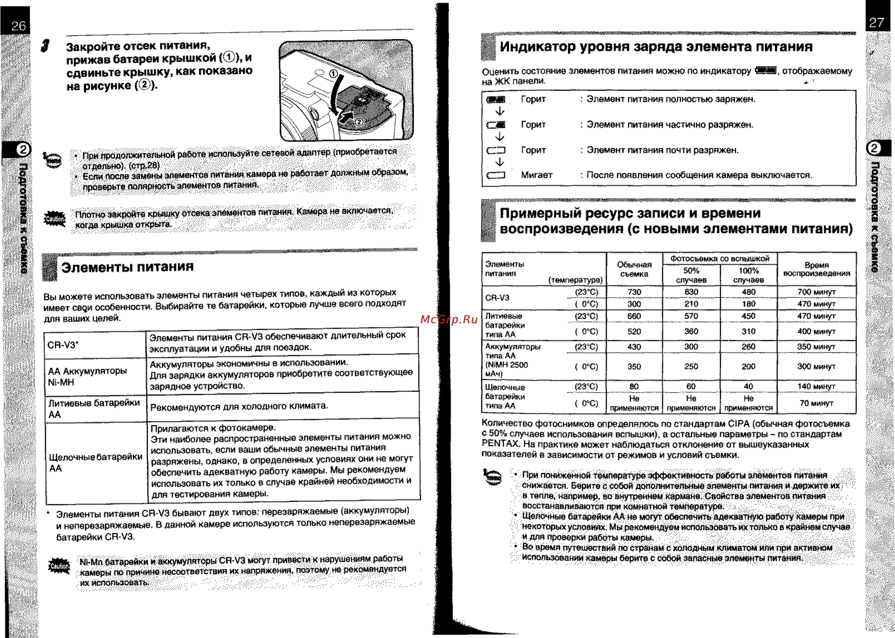 Pentax K110D [16/108] Примерный ресурс записи и времени воспроизведения с новыми элементами питания