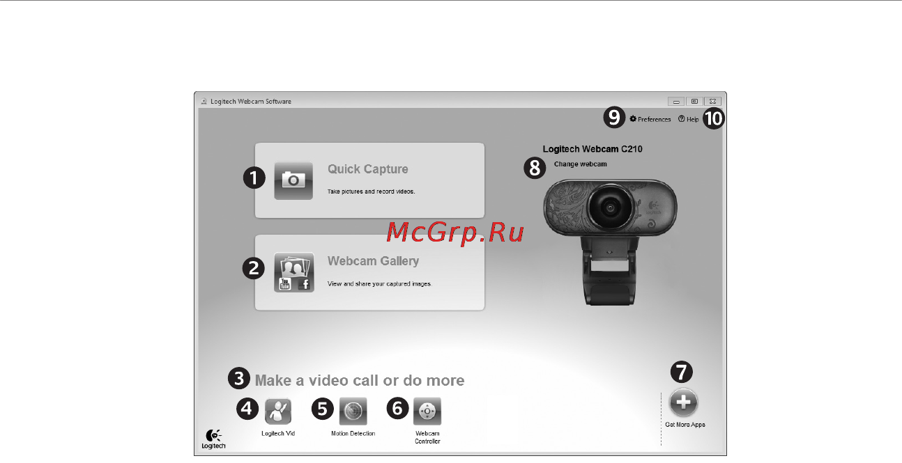 Logitech C210 [18/94] Навигация по программному обеспечению для веб камер logitech