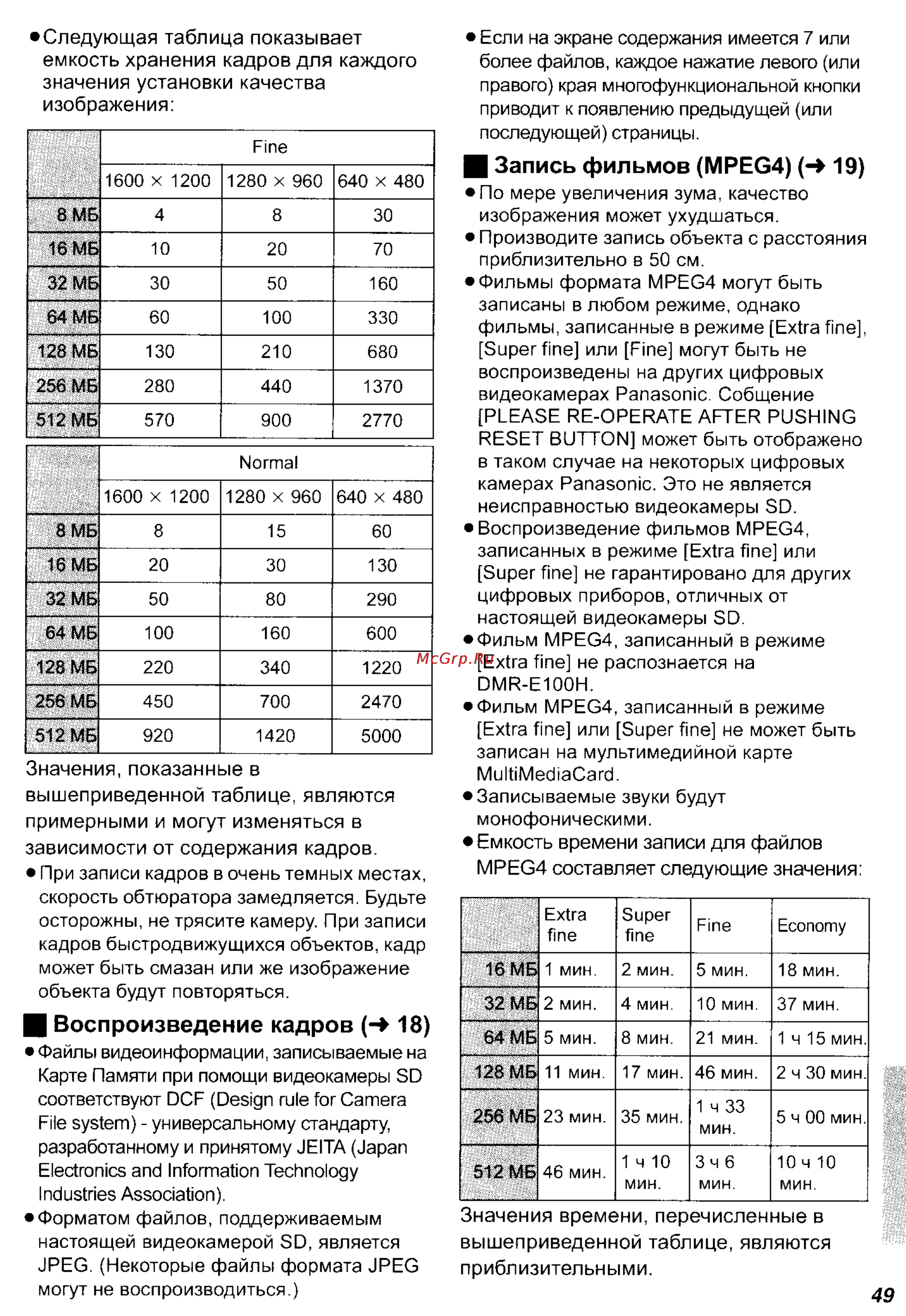 Panasonic SV-AV25 [49/59] Mpeg4 составляет следующие значения