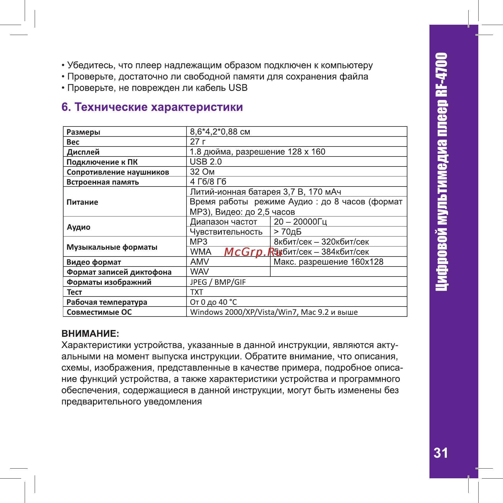 Ritmix RF-4700 [31/32] Технические характеристики