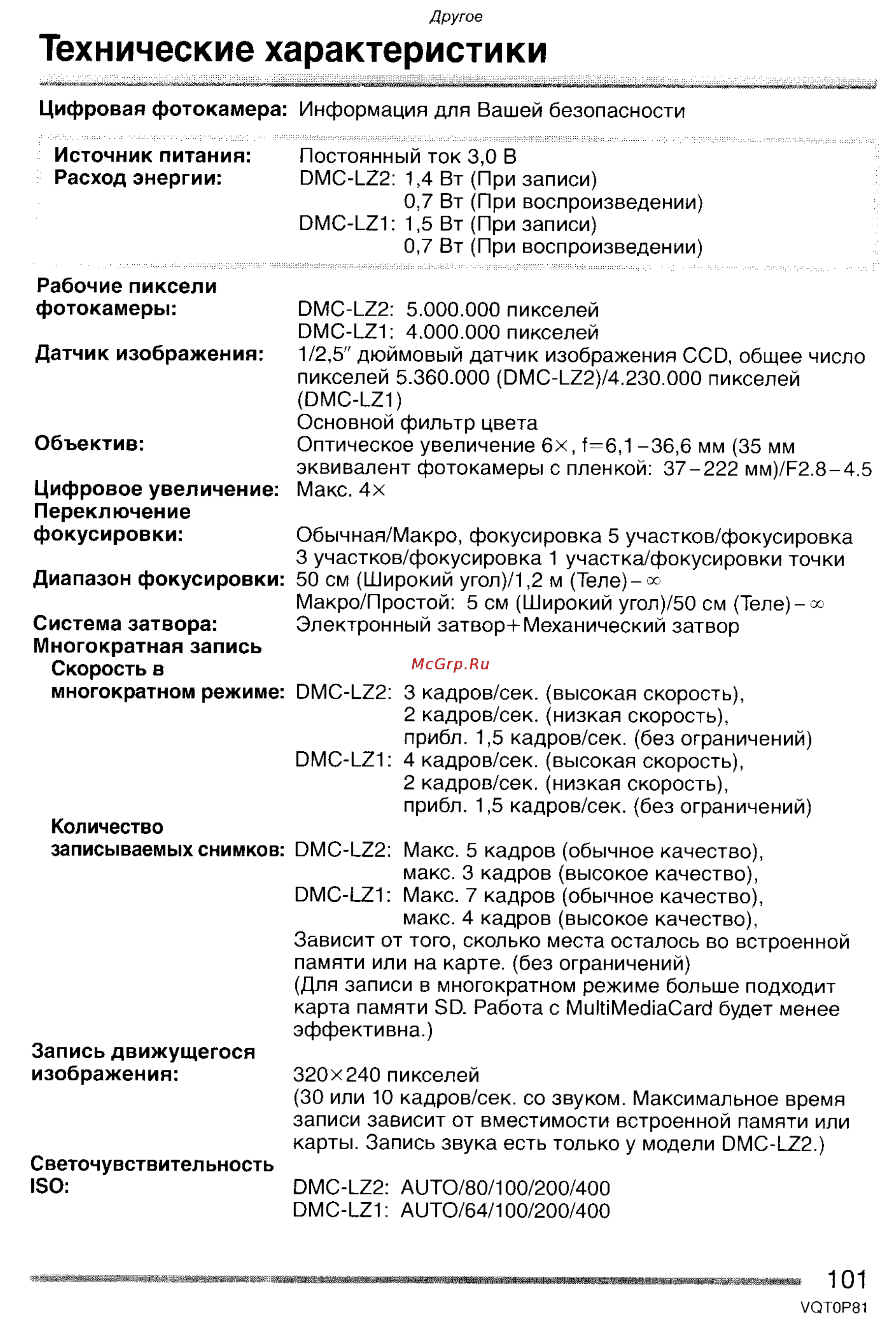 Panasonic LUMIX DMC-LZ1 [101/153] Технические характеристики