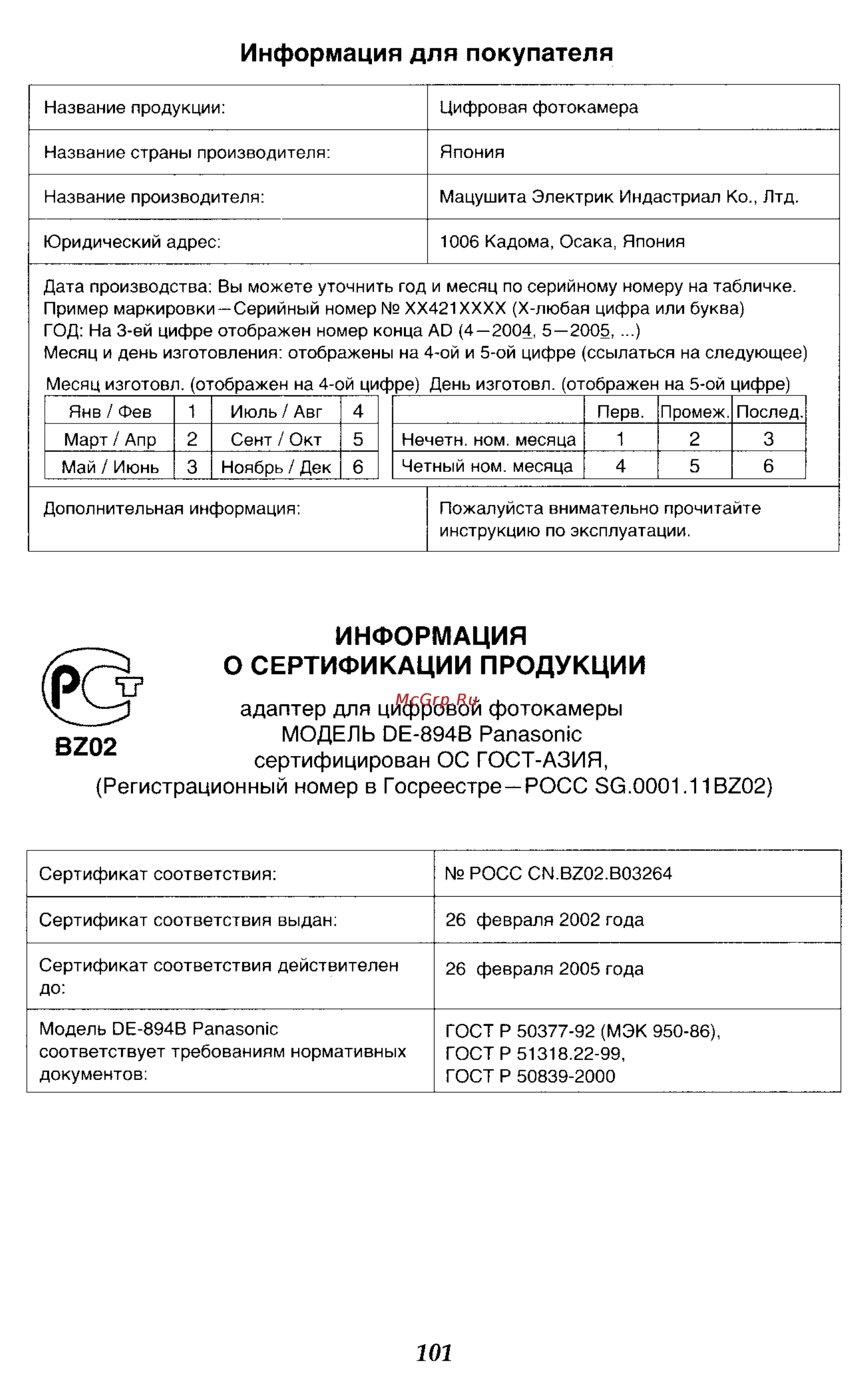 Panasonic DMC-LC50GC [101/151] Информация