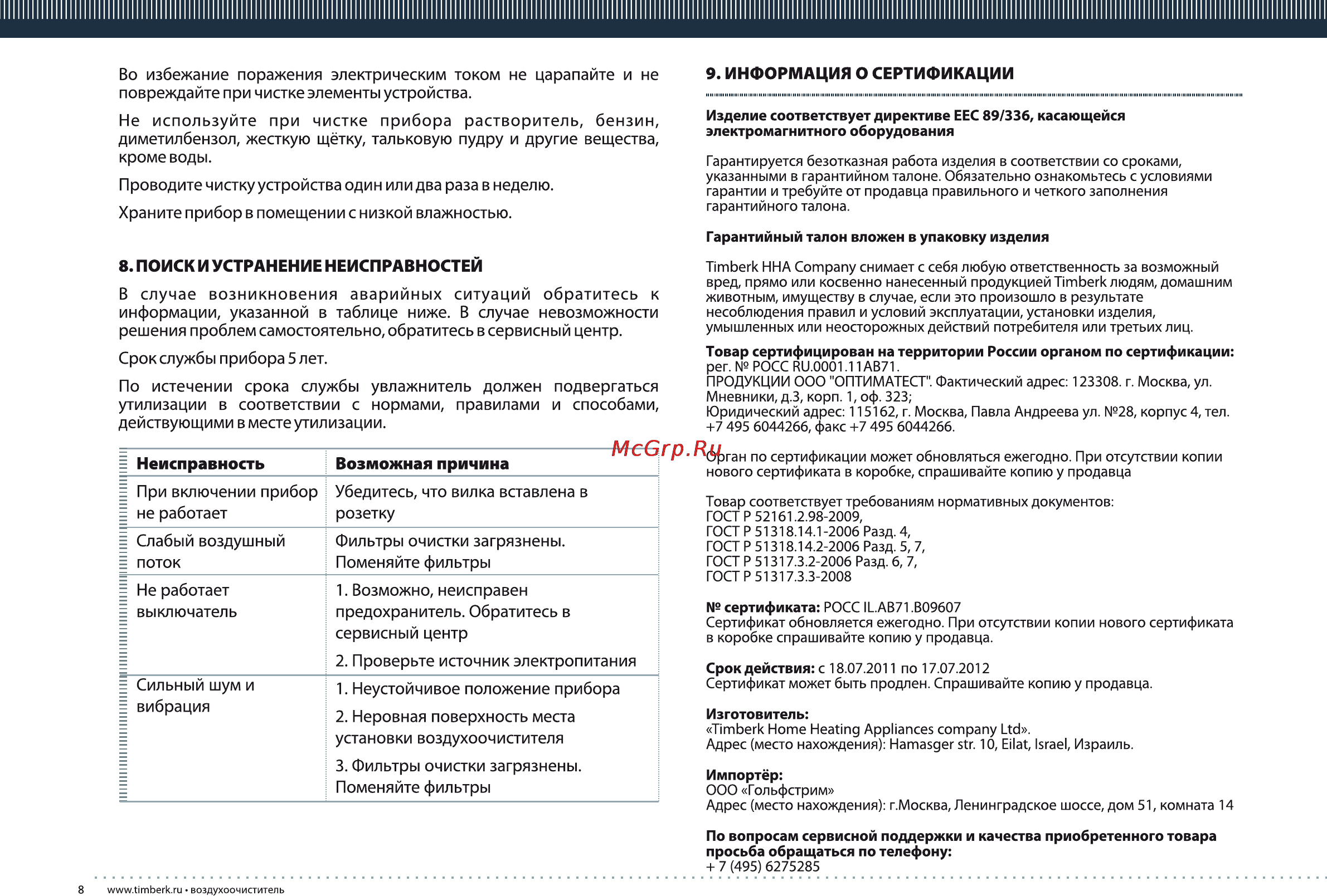 Timberk TAP FL300 MF Инструкция по эксплуатации онлайн [8/16] 25204