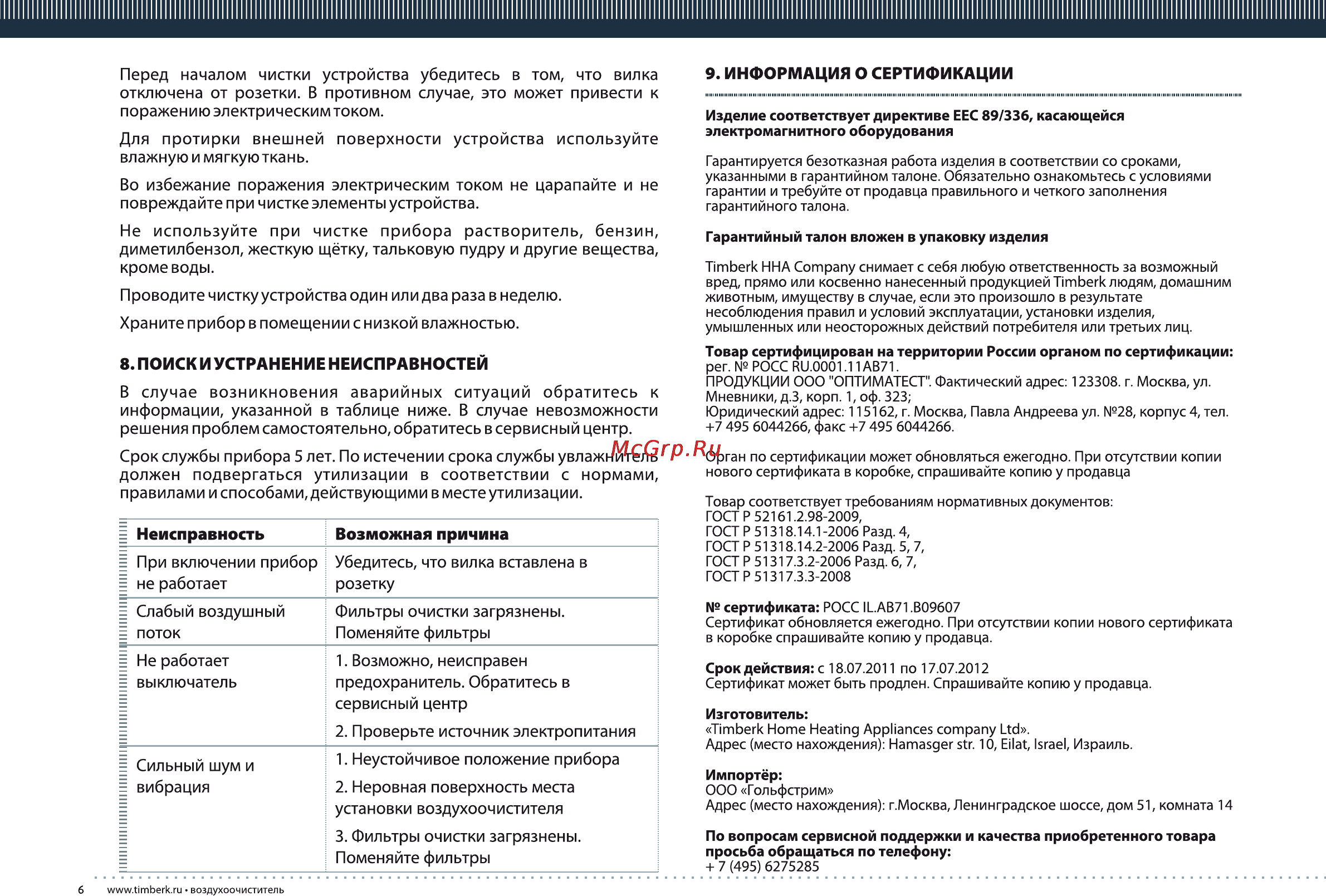 Timberk TAP FL100 MF Инструкция по эксплуатации онлайн [6/12] 25218