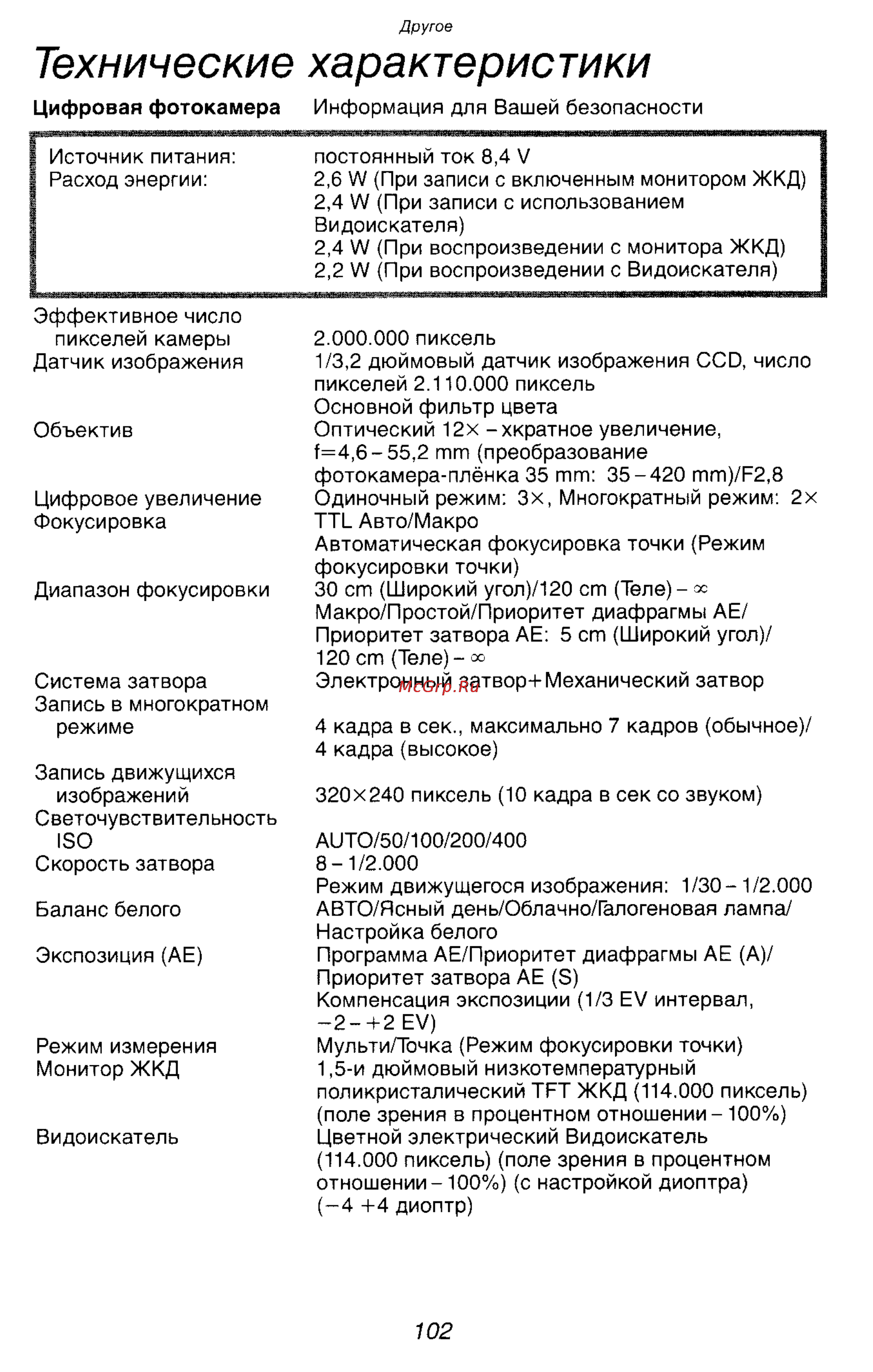 Panasonic DMC-FZ2EN [102/154] Технические характеристики