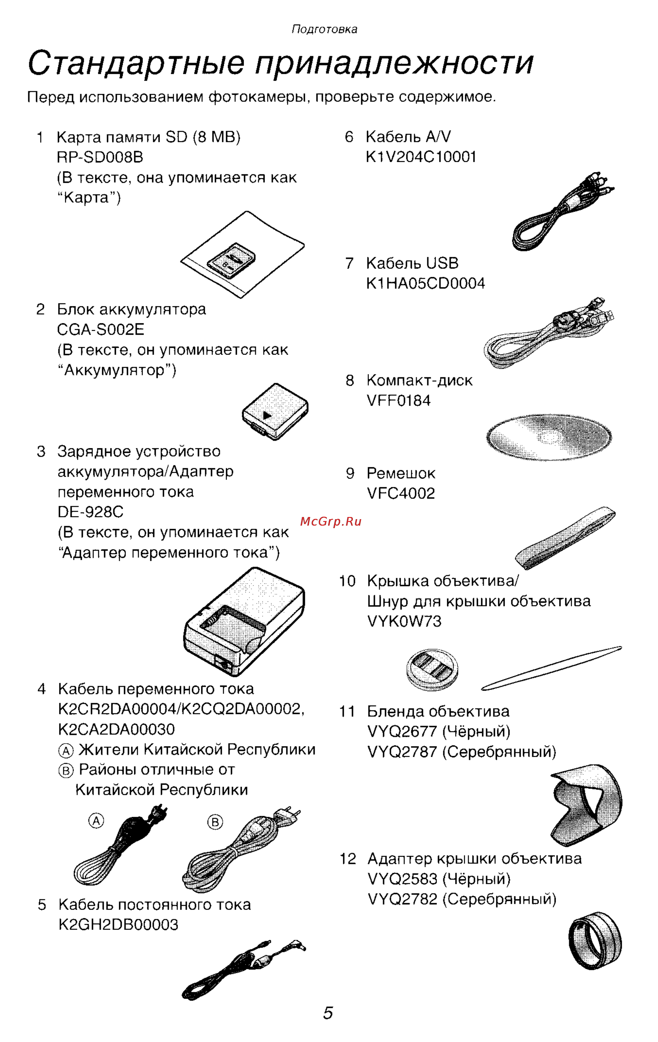 Panasonic DMC-FZ2EN [5/154] Стандартные принадлежности
