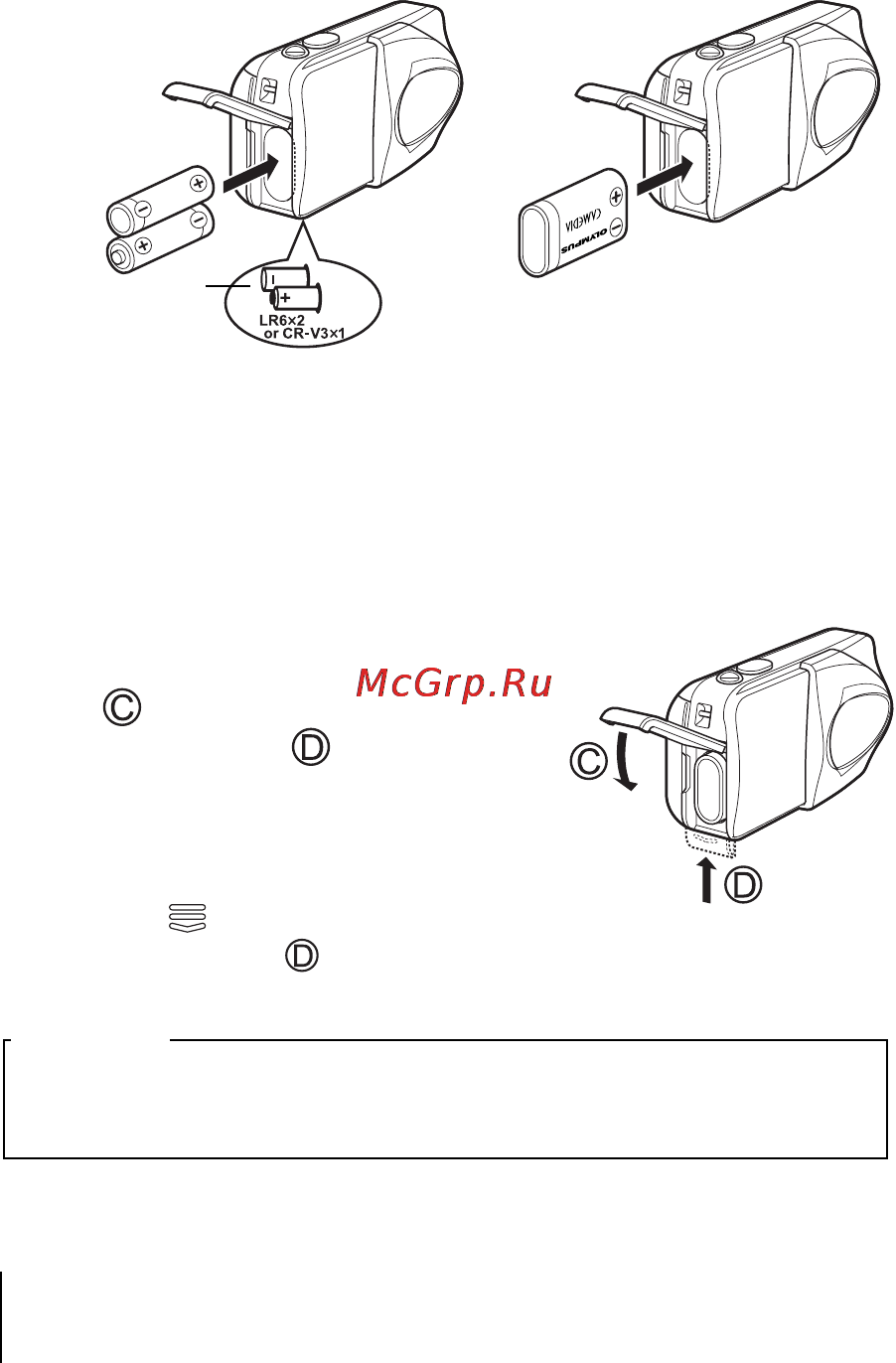 Olympus D-575 Zoom [10/52] Вставьте батарейки в правильной ориентации показанной на иллюстрации