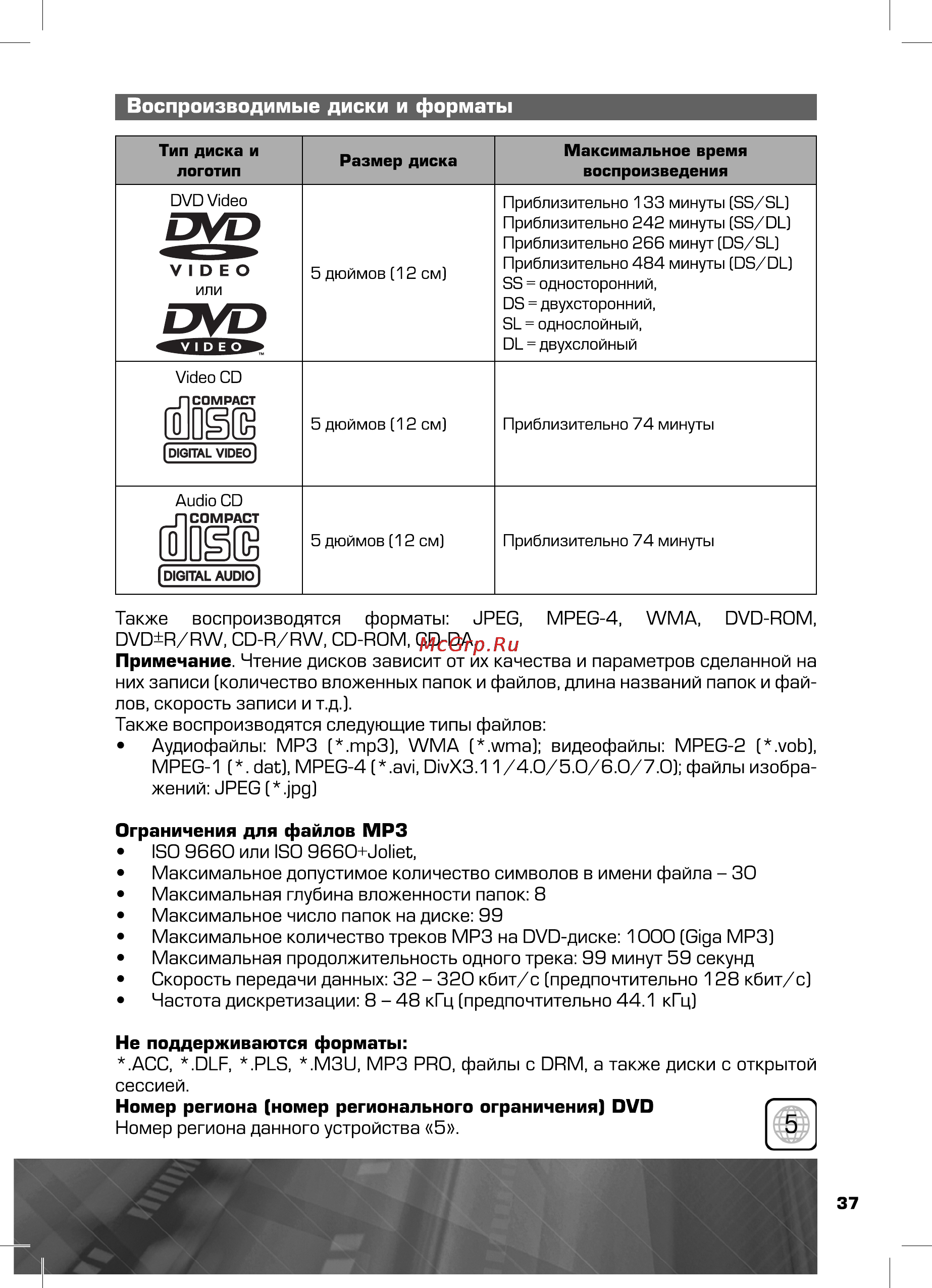Prology DVS-2135 [37/44] Воспроизводимые диски и форматы